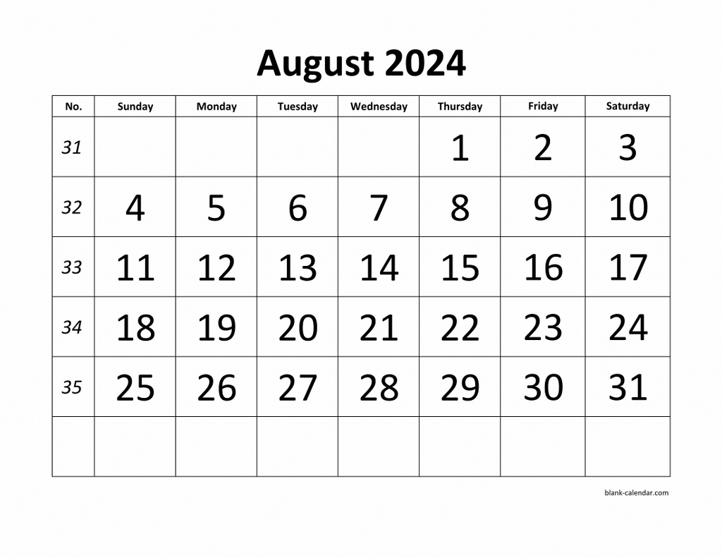 Free Download Printable August 2024 Calendar, Large Font Design for August 2024 Calendar Printable Free Word