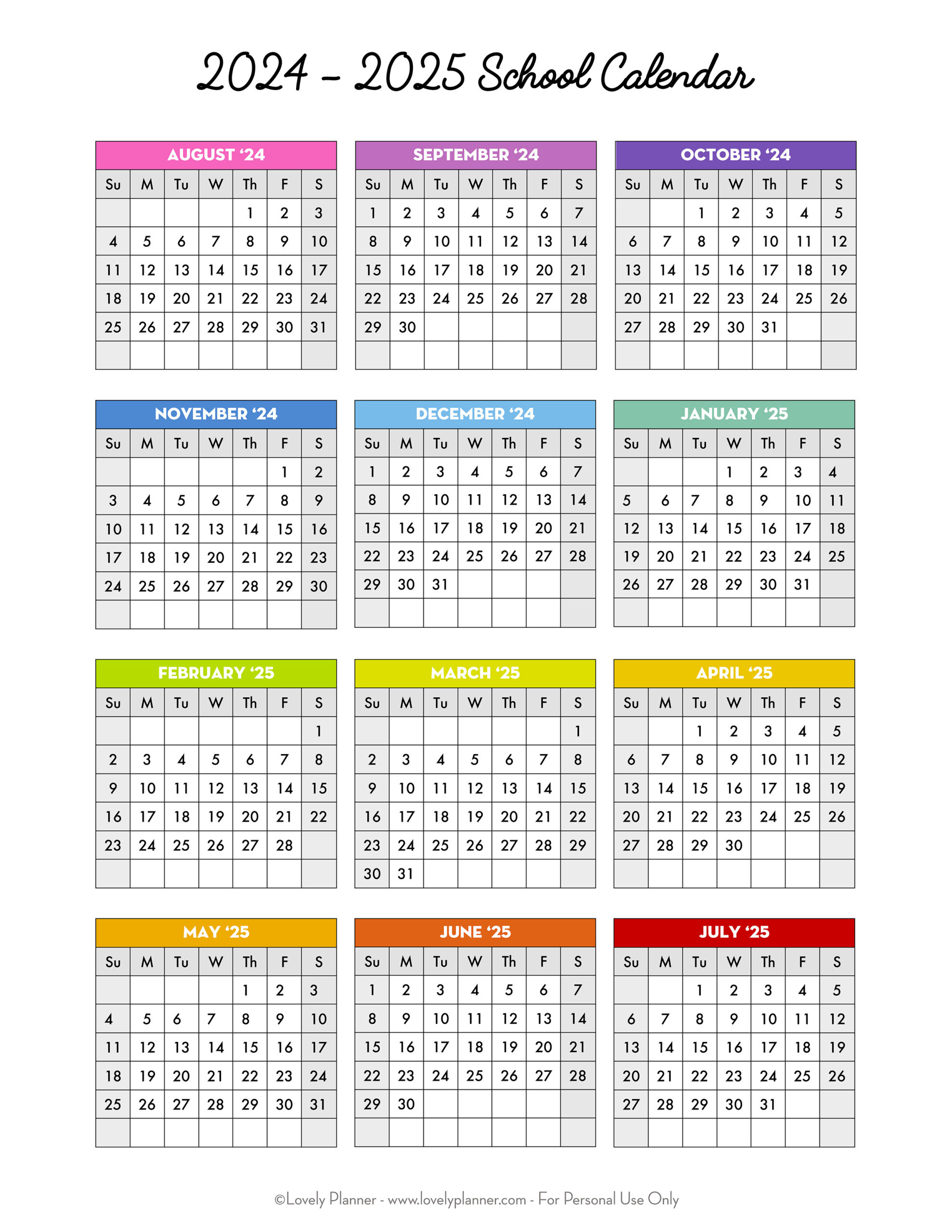 Free Printable 2024-2025 School Calendar - One Page Academic pertaining to Free Printable Calendar 2024-2025 Academic