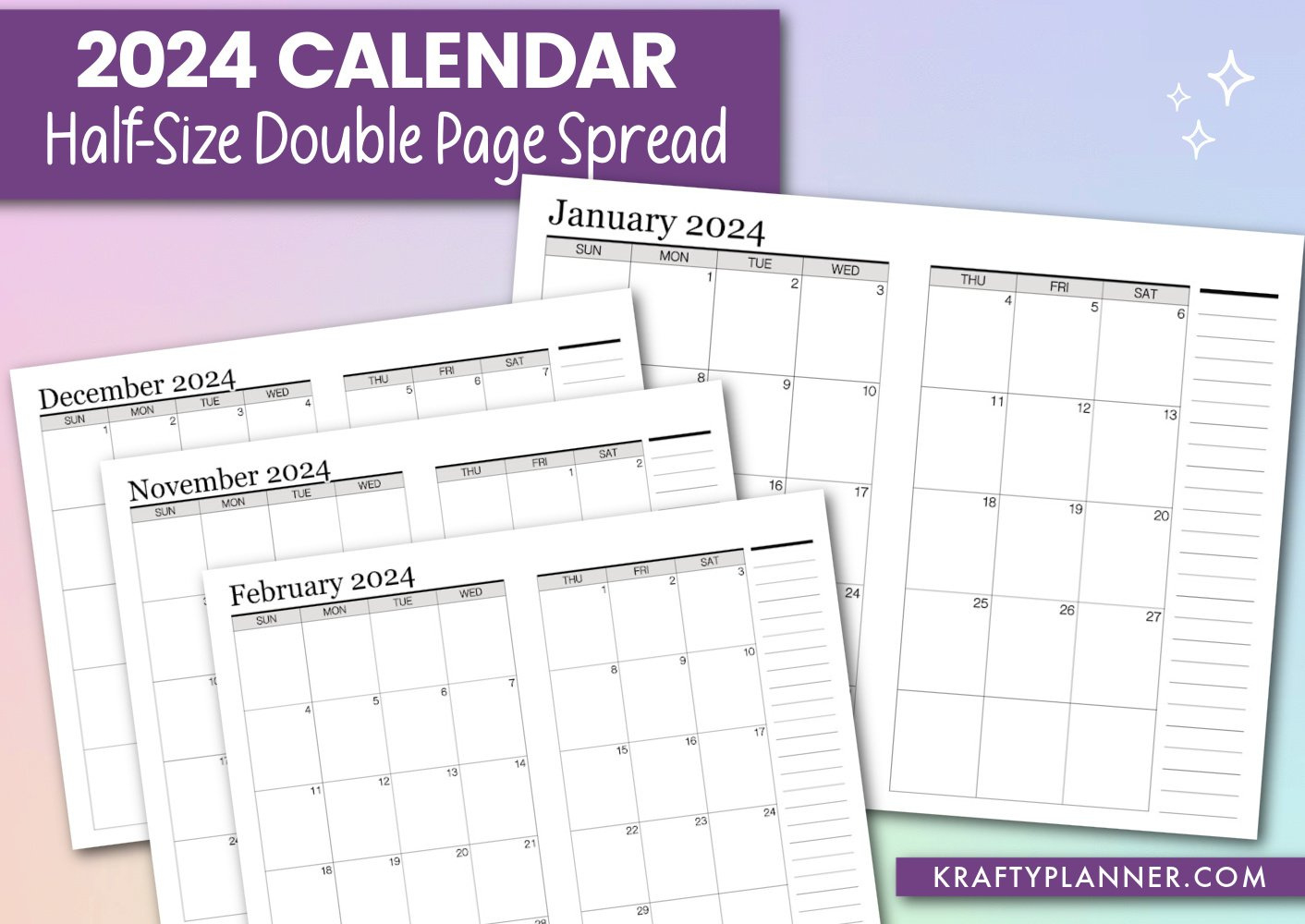 Free Printable 2024 Calendar: Half Size Double Page Spread in Free Printable Calendar 2024 Half Page