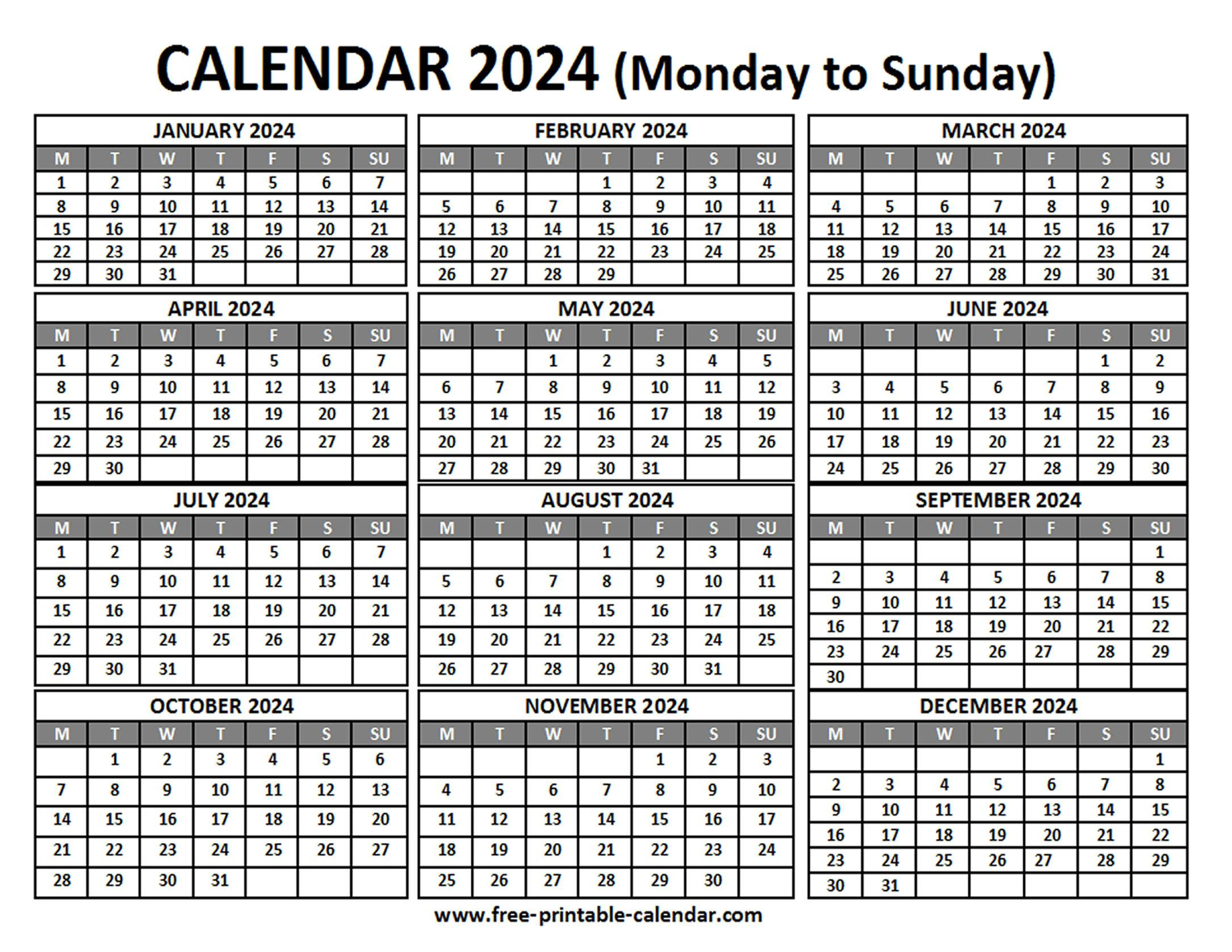 Free Printable 2024 Calendar with regard to Free Printable Calendar 2024 Week Starting Monday