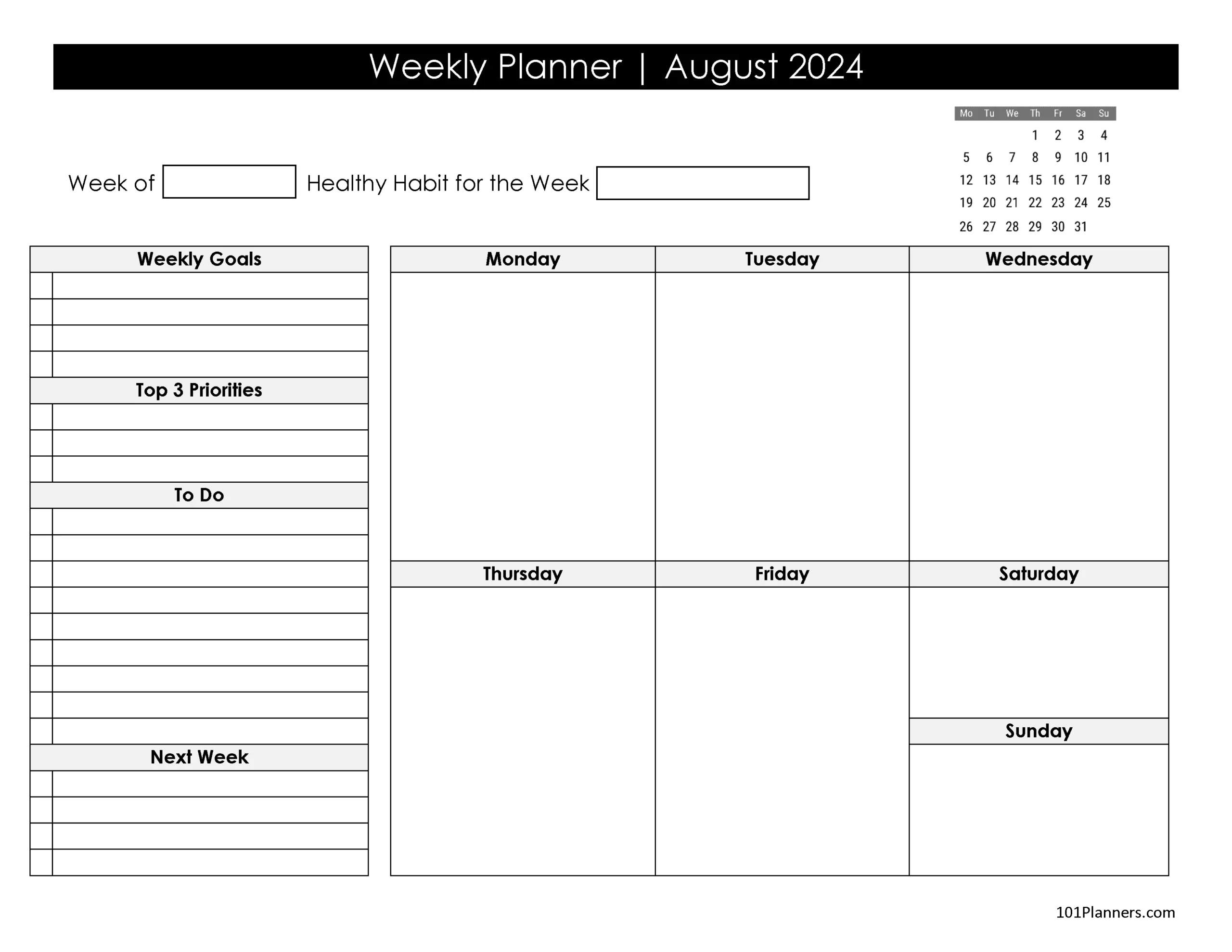 Free Printable August 2024 Calendar | Instant Download for August Weekly 2024 Calendar Printable