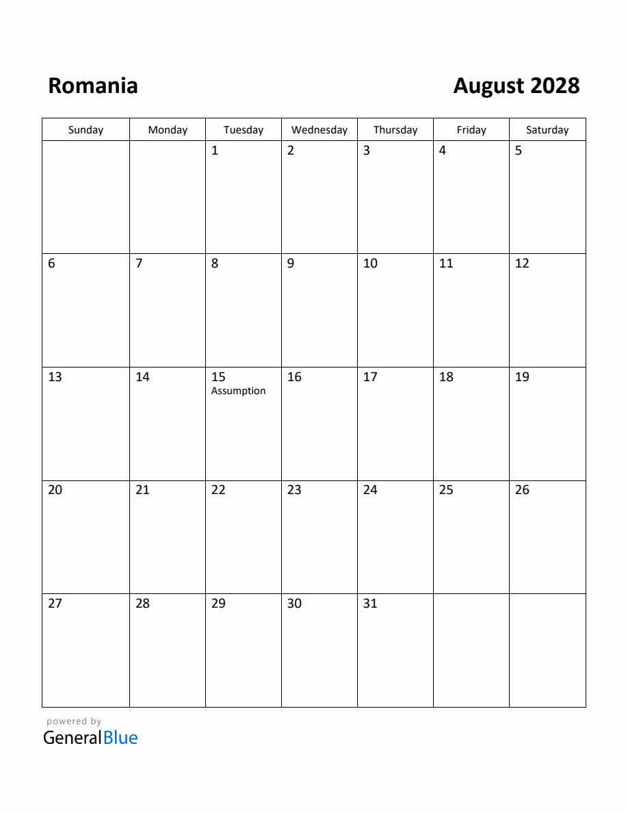 Free Printable August 2028 Calendar For Romania in August 2028 Calendar