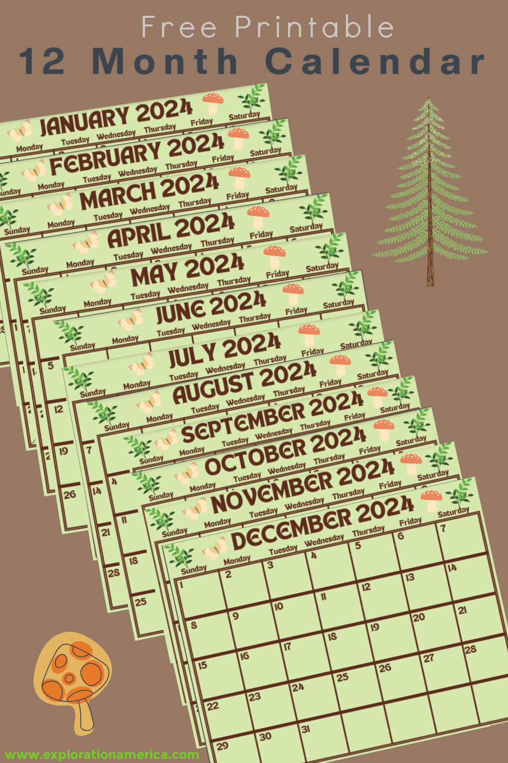 Free Printable Calendar - Nature Themed 12 Month Calendar regarding Free Printable Calendar 2024 Nature