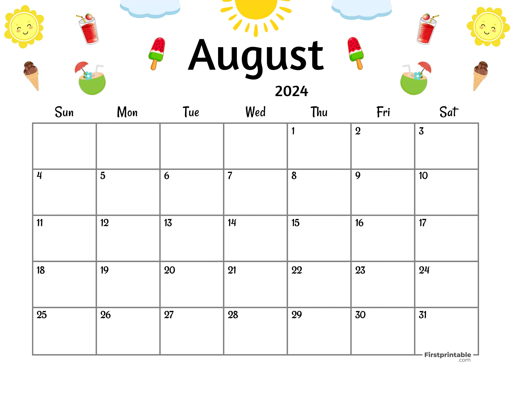 Free Printable &amp; Fillable August Calendar 2024 in August Themed Calendar 2024