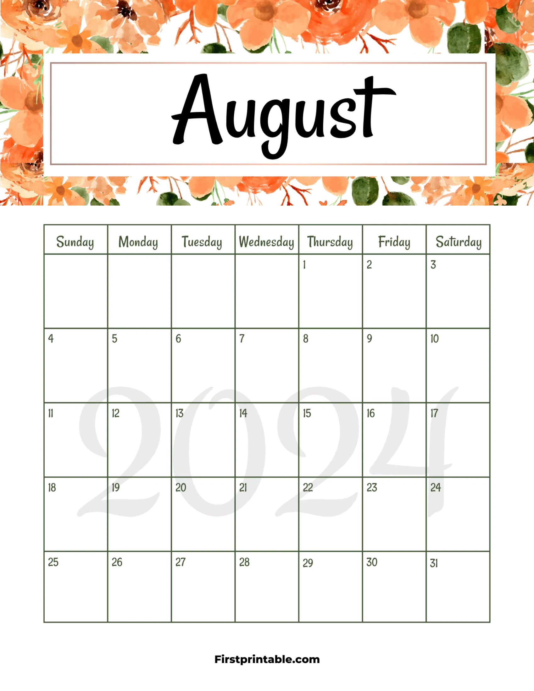 Free Printable &amp;amp; Fillable August Calendar 2024 within Free Printable August 2024 Floral Calendar With Holidays