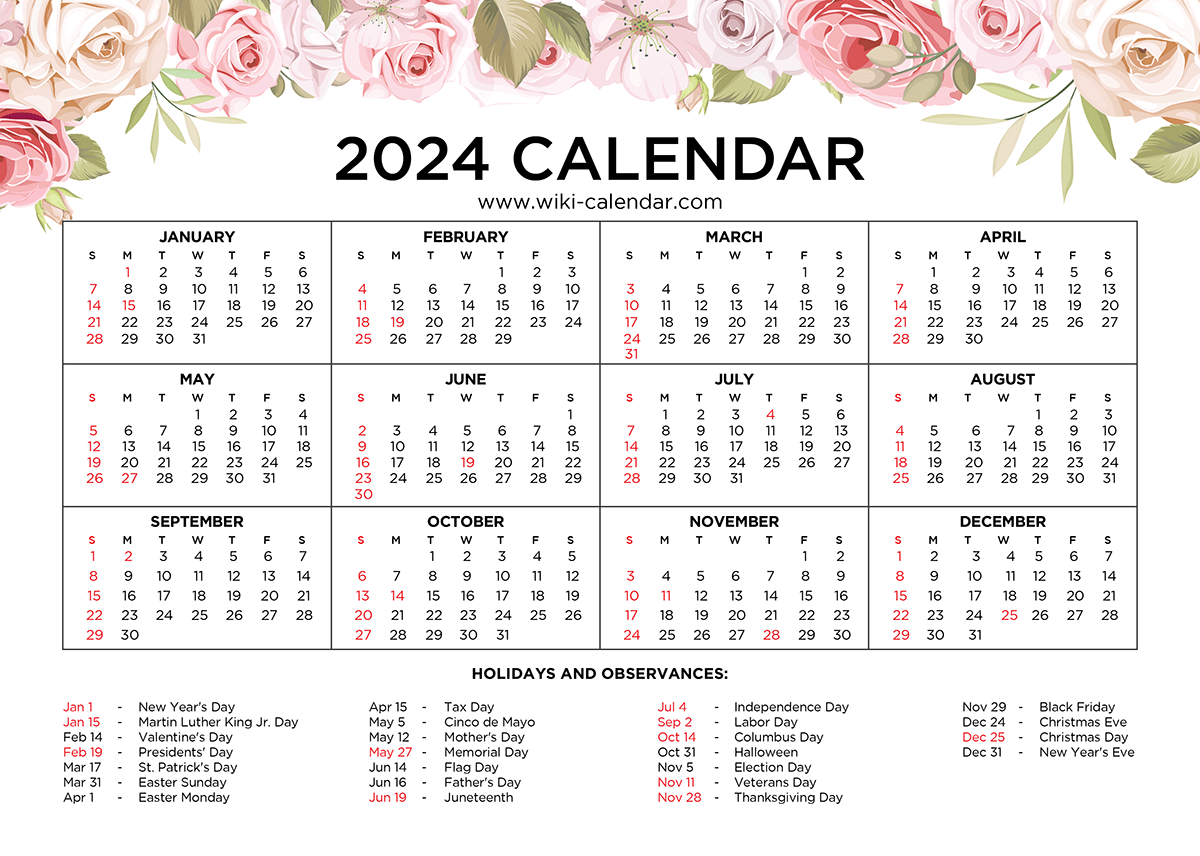 Free Printable Floral Calendar 2024 - Wiki Calendar for Free Printable Calendar 2024 Floral