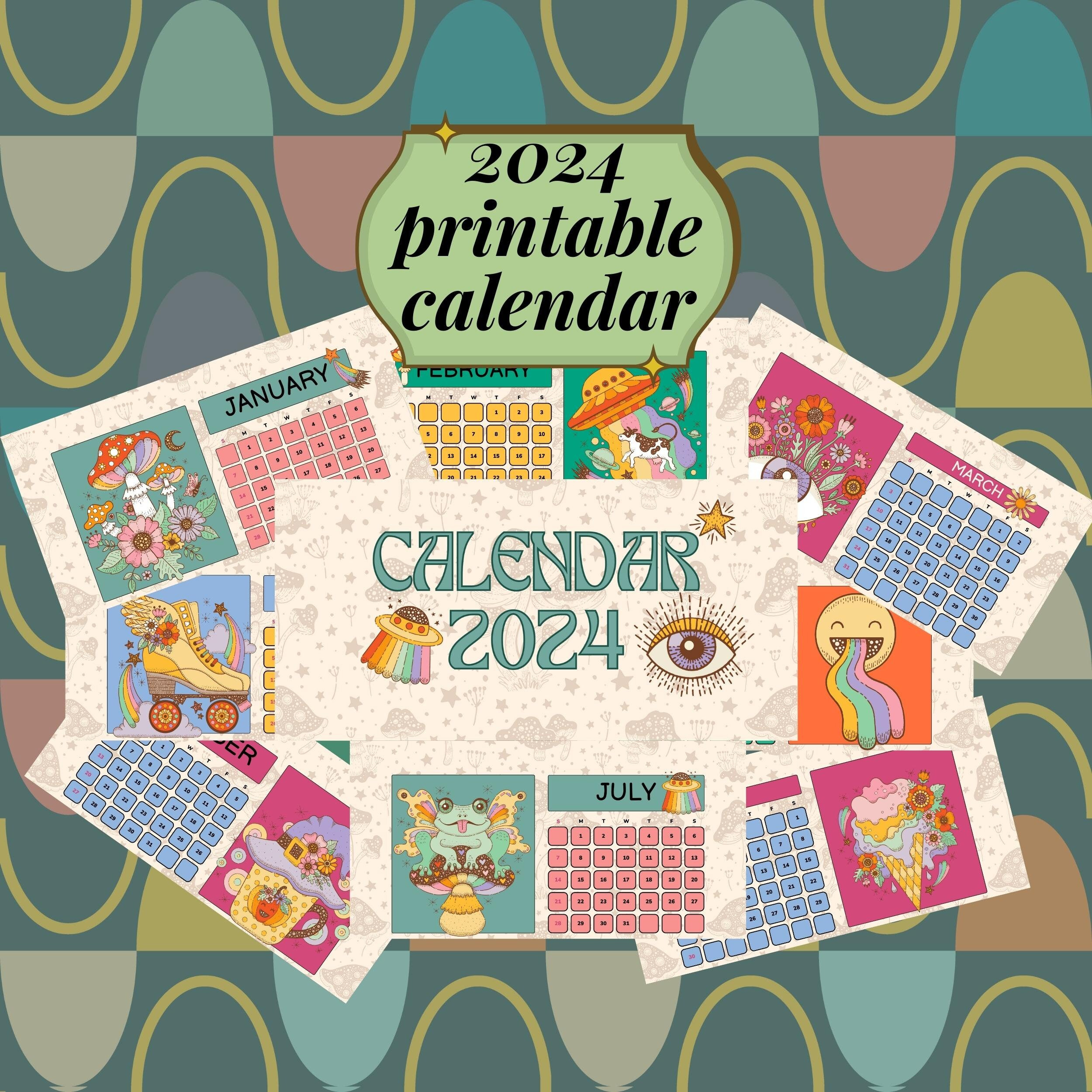 Groovy Printable Calendar Pages 2024, Digital Download Hippie for Free Printable Calendar 2024 October Hippie