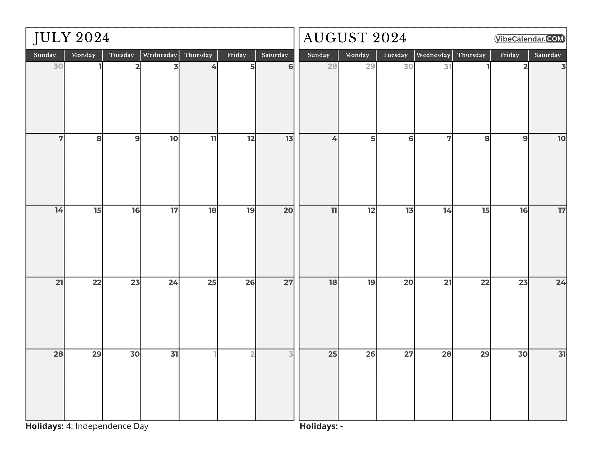 July And August 2024 Calendar - Printable With Holidays inside July August Printable Calendar 2024