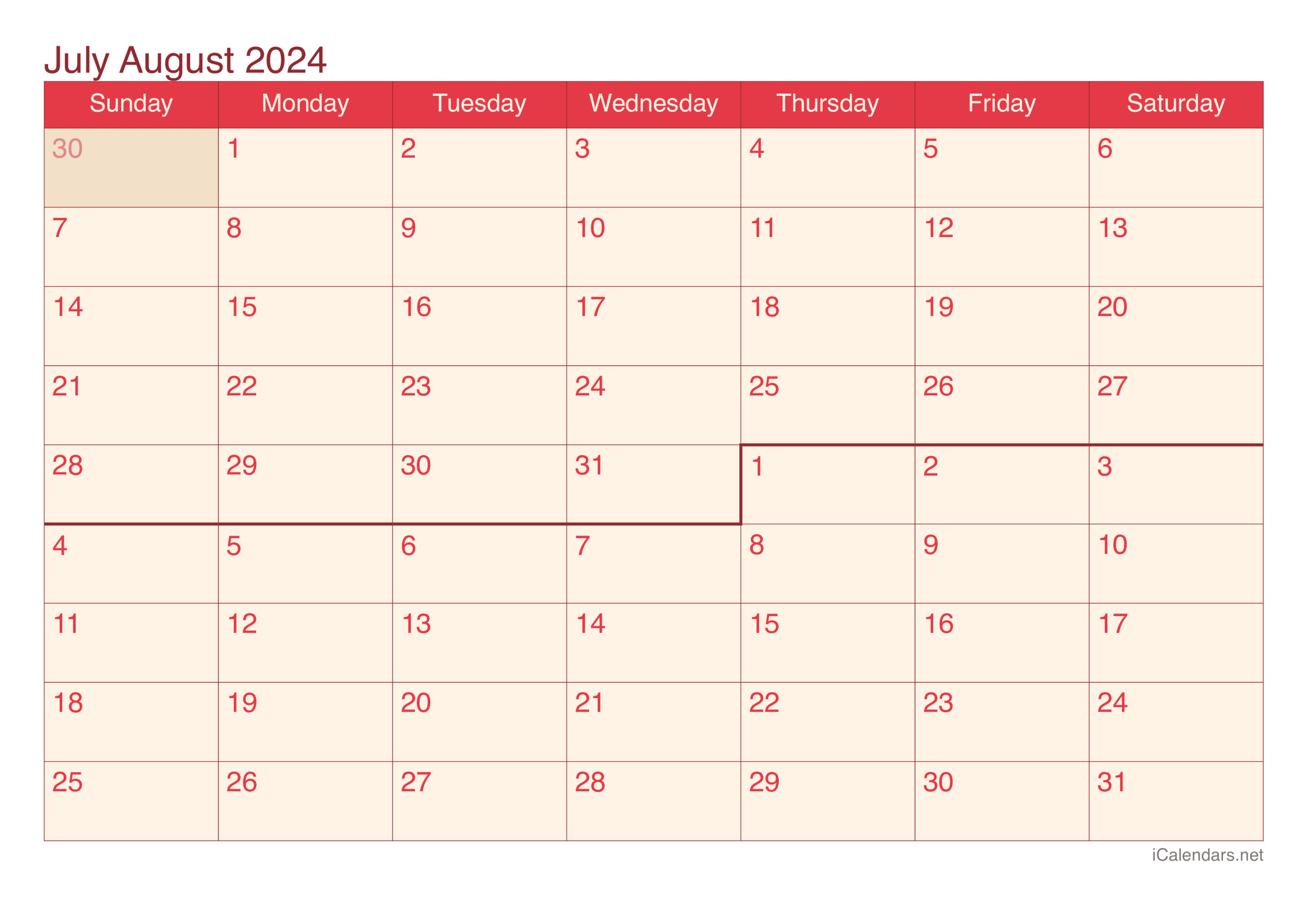 July And August 2024 Printable Calendar for August To July Calendar 2024