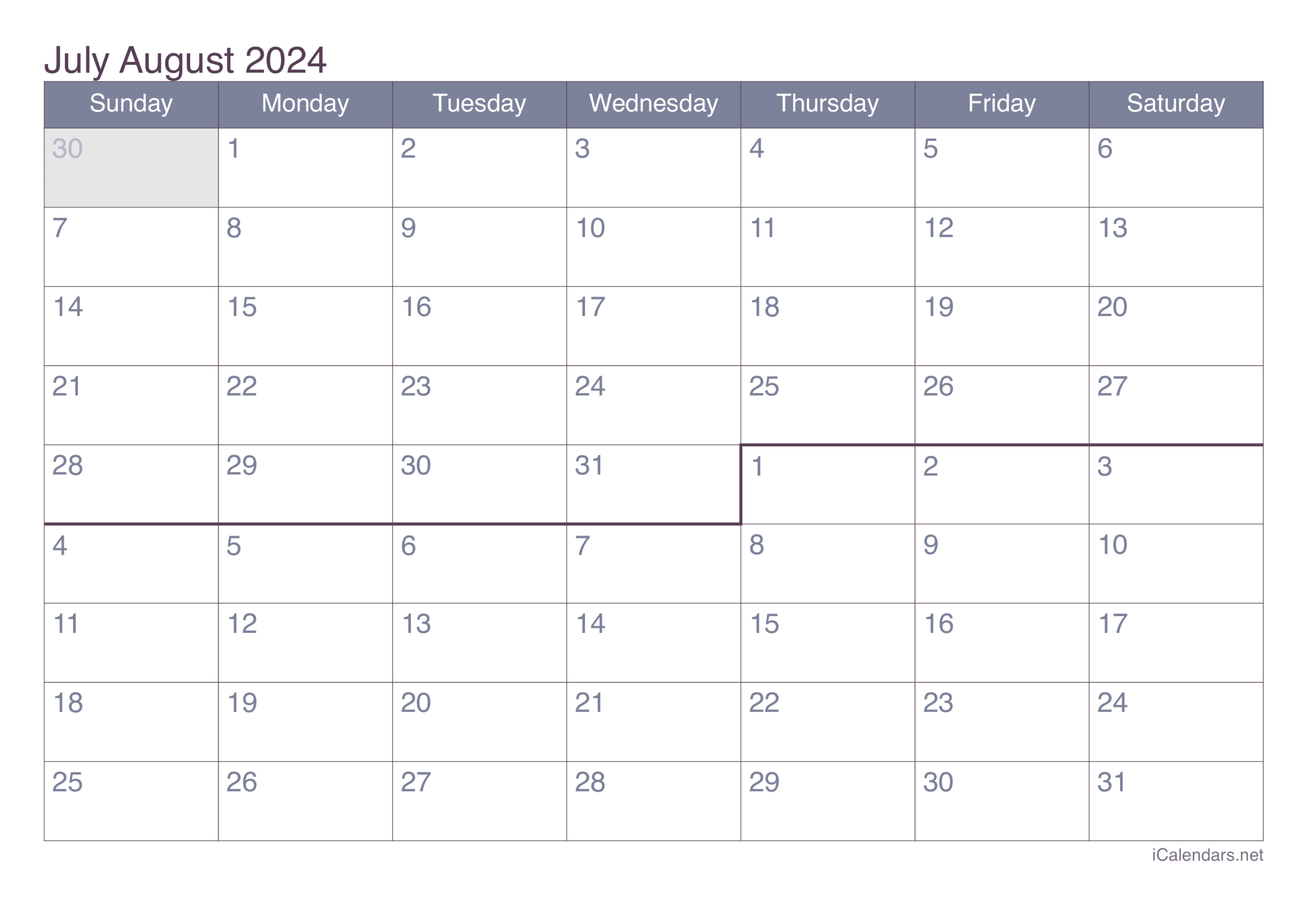 July And August 2024 Printable Calendar intended for June-July-August Calendar 2024