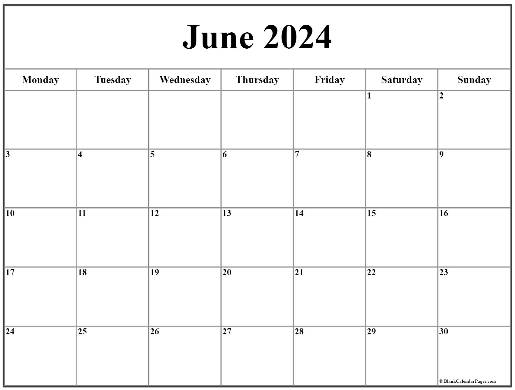 June 2024 Monday Calendar | Monday To Sunday inside Free Printable Calendar 2024 Week Starting Monday