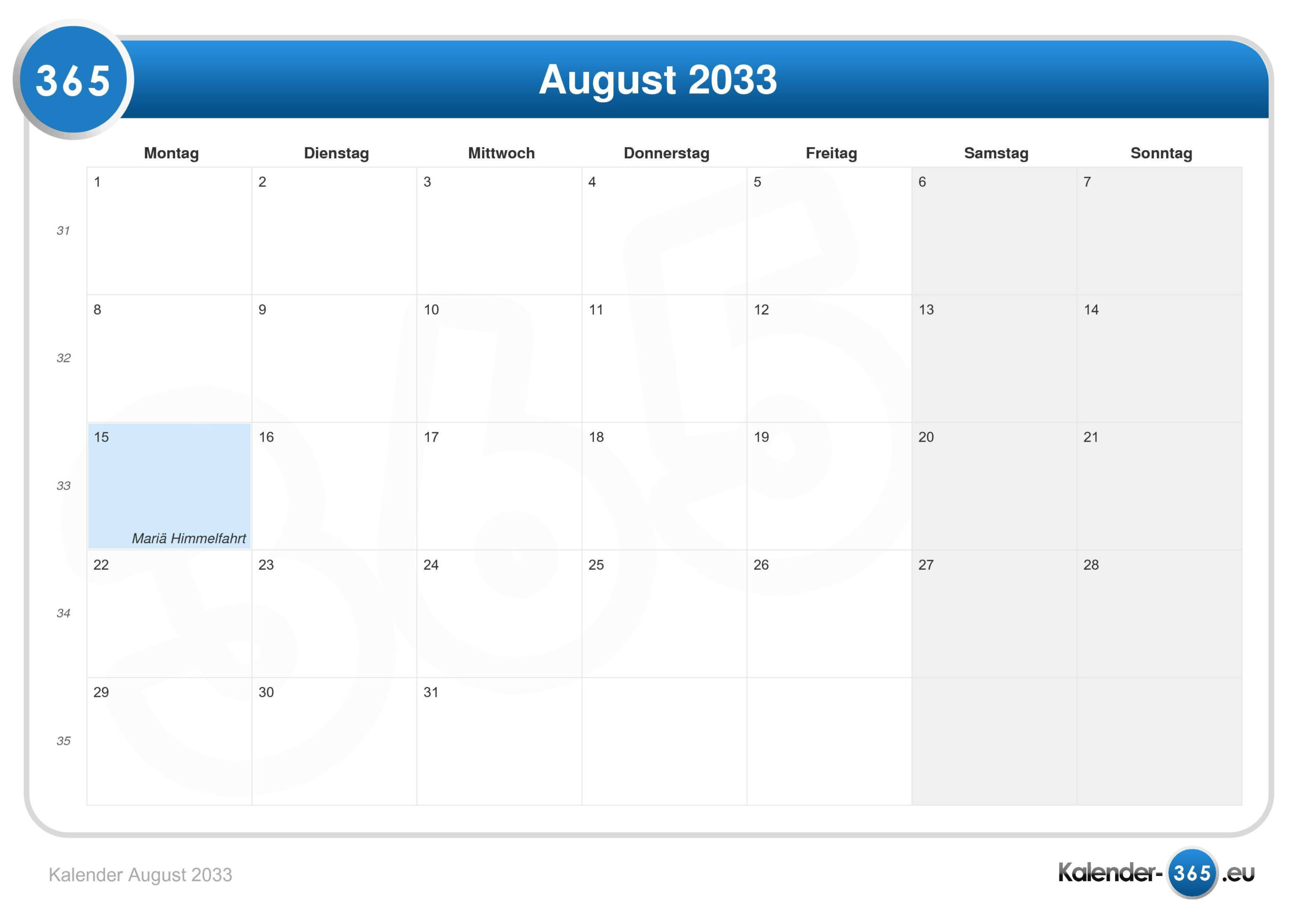 Kalender August 2033 regarding August 2033 Calendar