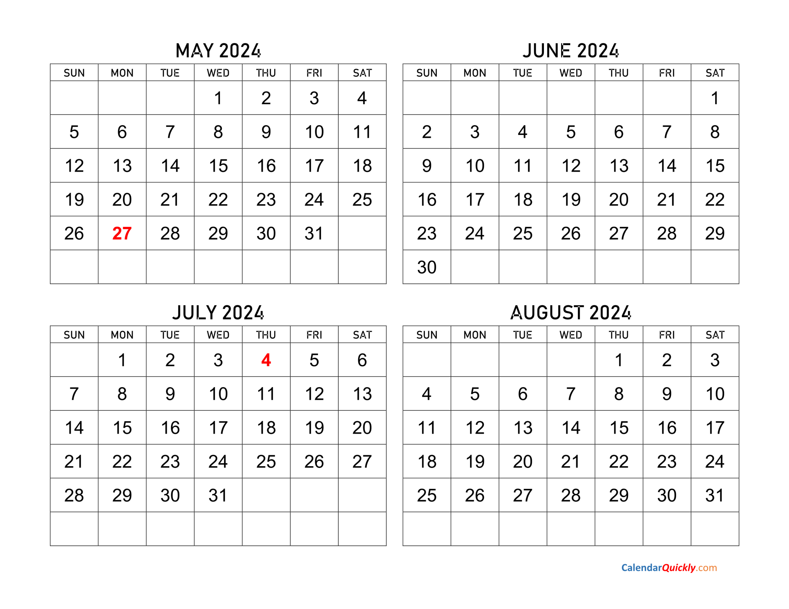 May To August 2024 Calendar | Calendar Quickly inside May June July August Calendar 2024