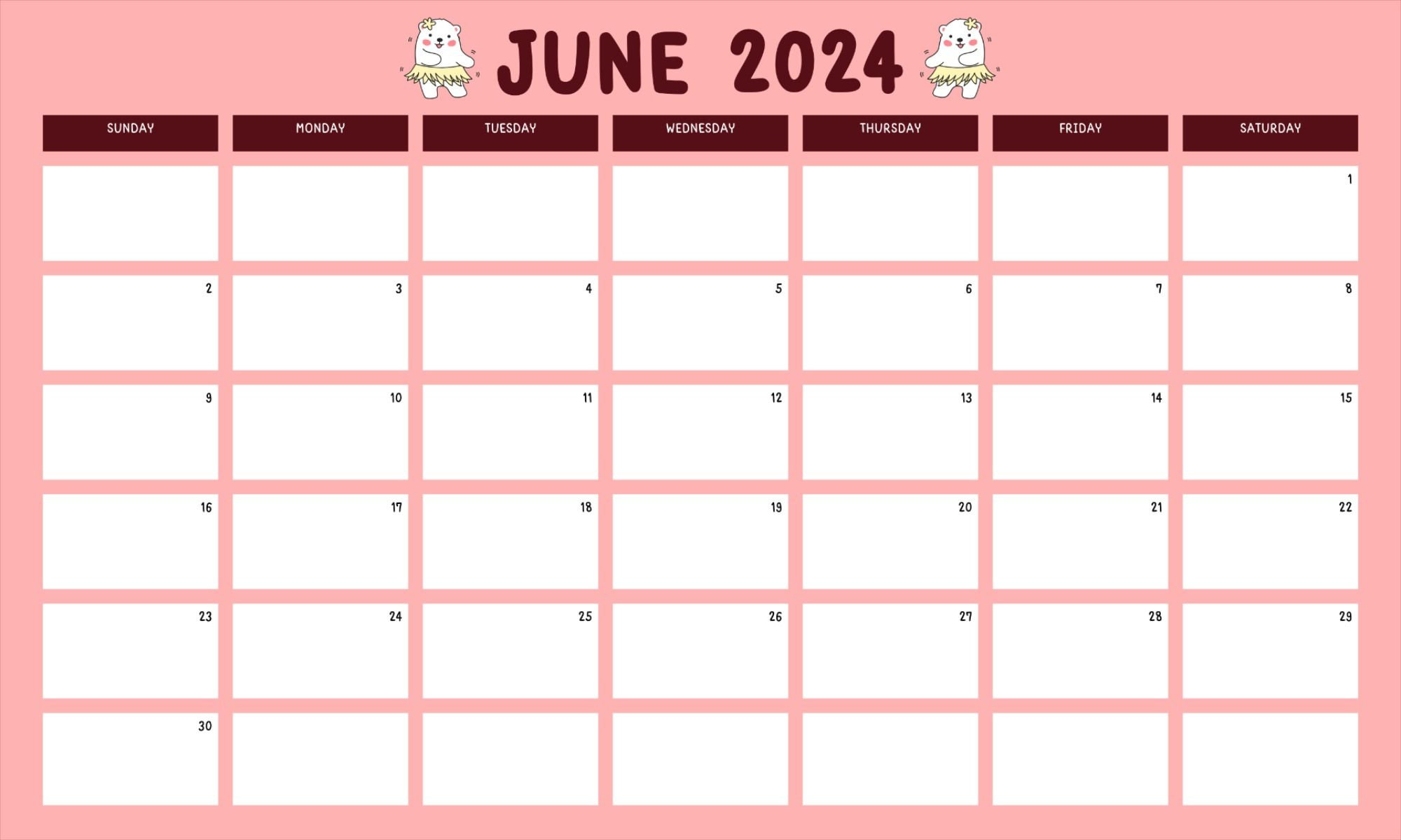 Monthly Calendar 2024, June Panda Calendar 2024, June 2024 with regard to Free Printable Calend June 2024 Pinterest