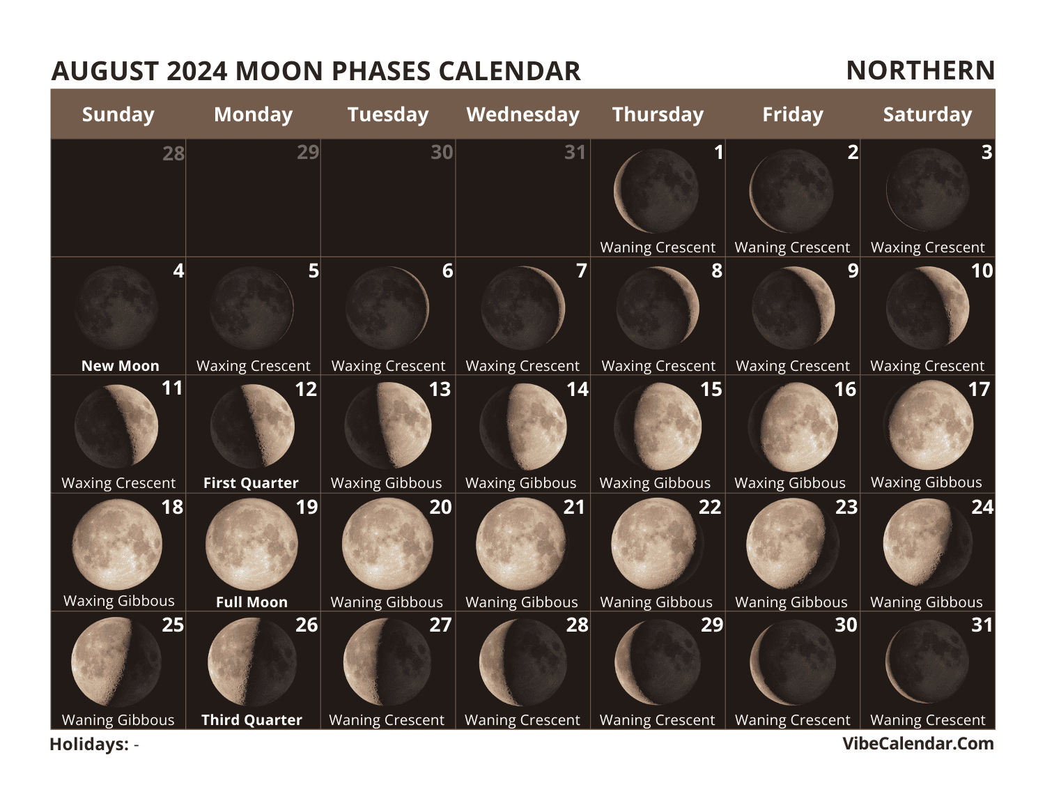 Moon Phases Calendar 2024: Printable Monthly Templates for August 2024 Moon Phase Calendar