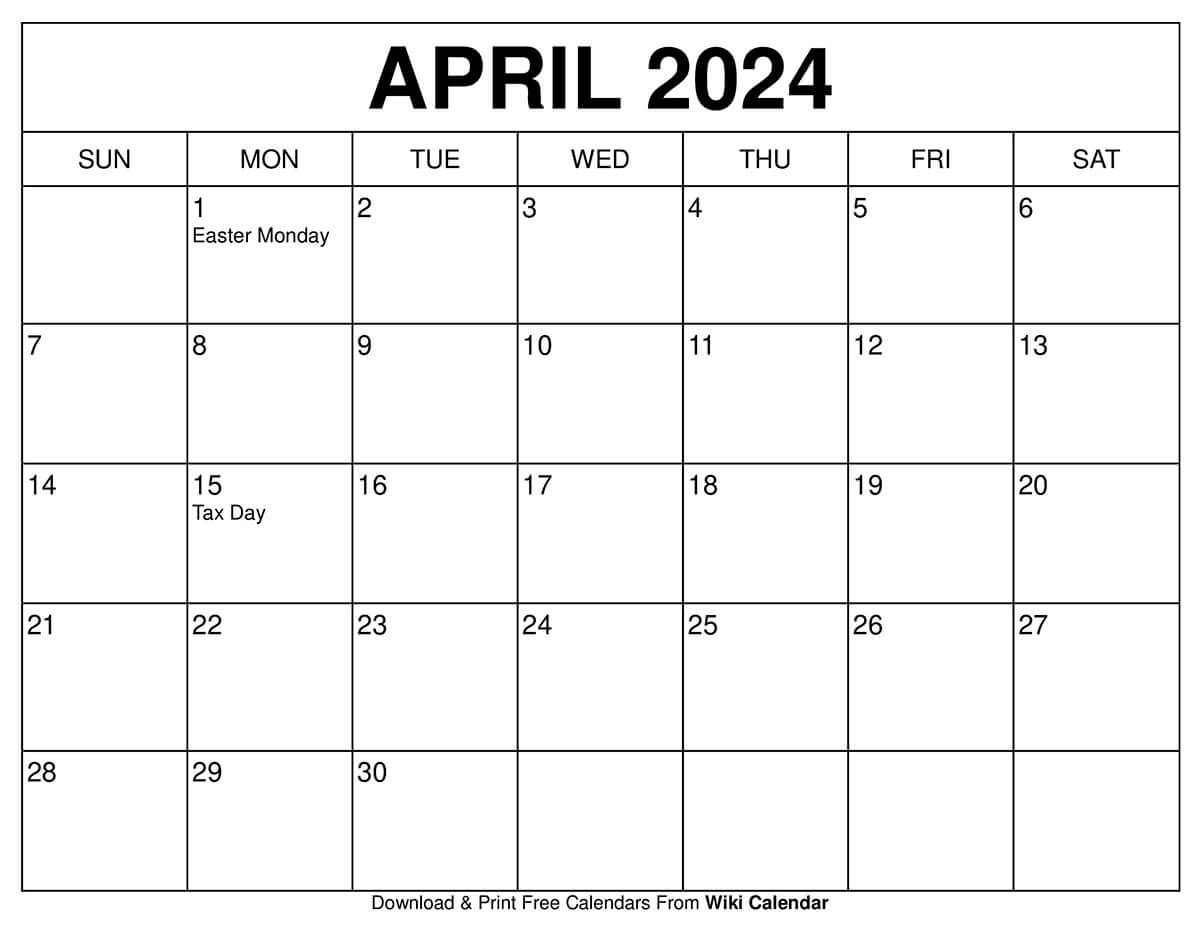 Printable April 2024 Calendar Templates With Holidays in Free Printable April 2024 Monthly Calendar With Holidays