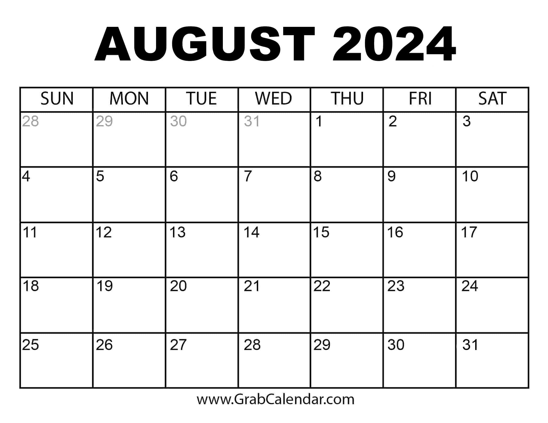 Printable August 2024 Calendar for Calendar 2024 August Month