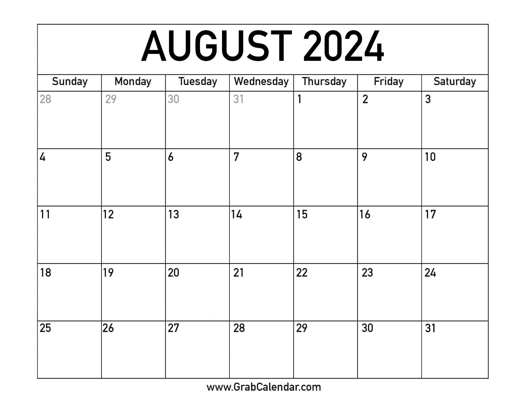 Printable August 2024 Calendar in National Day Calendar August 2024 Printable