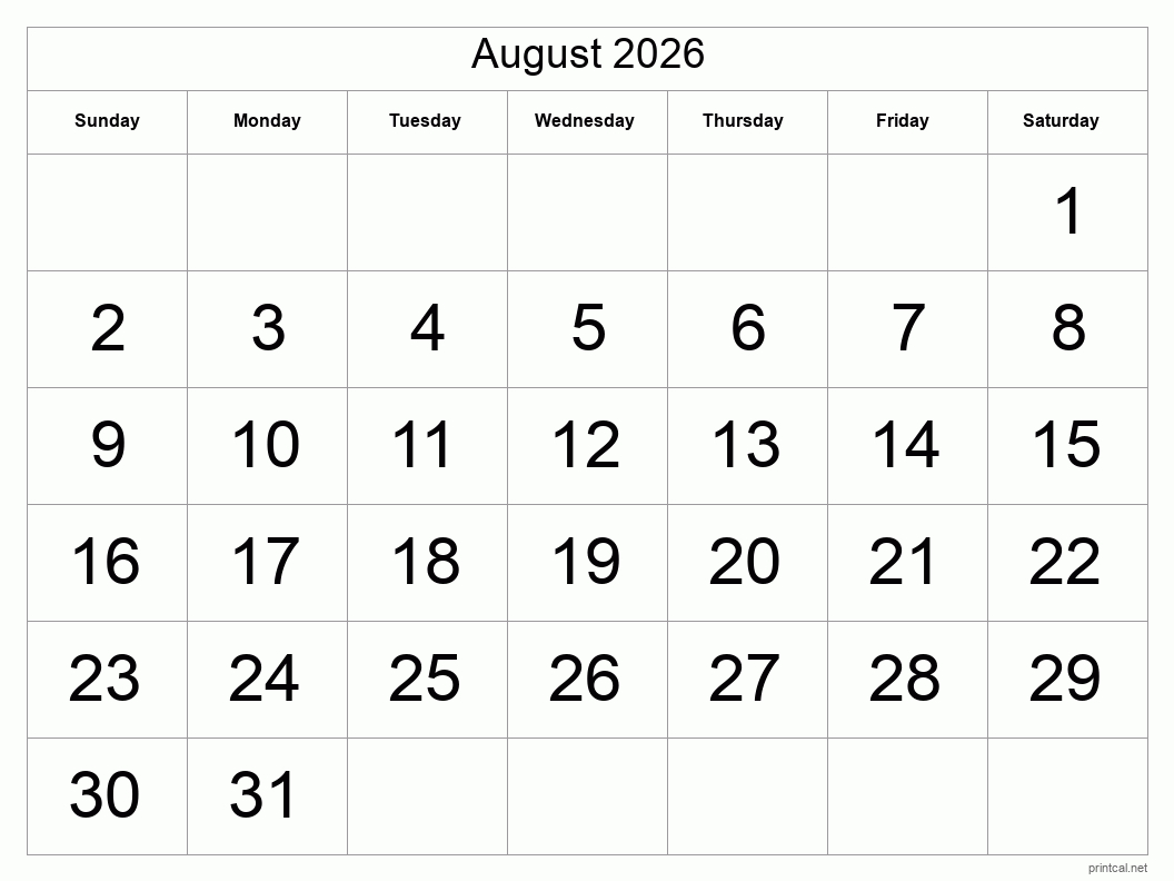 Printable August 2026 Calendar | Free Printable Calendars within August 2026 Calendar