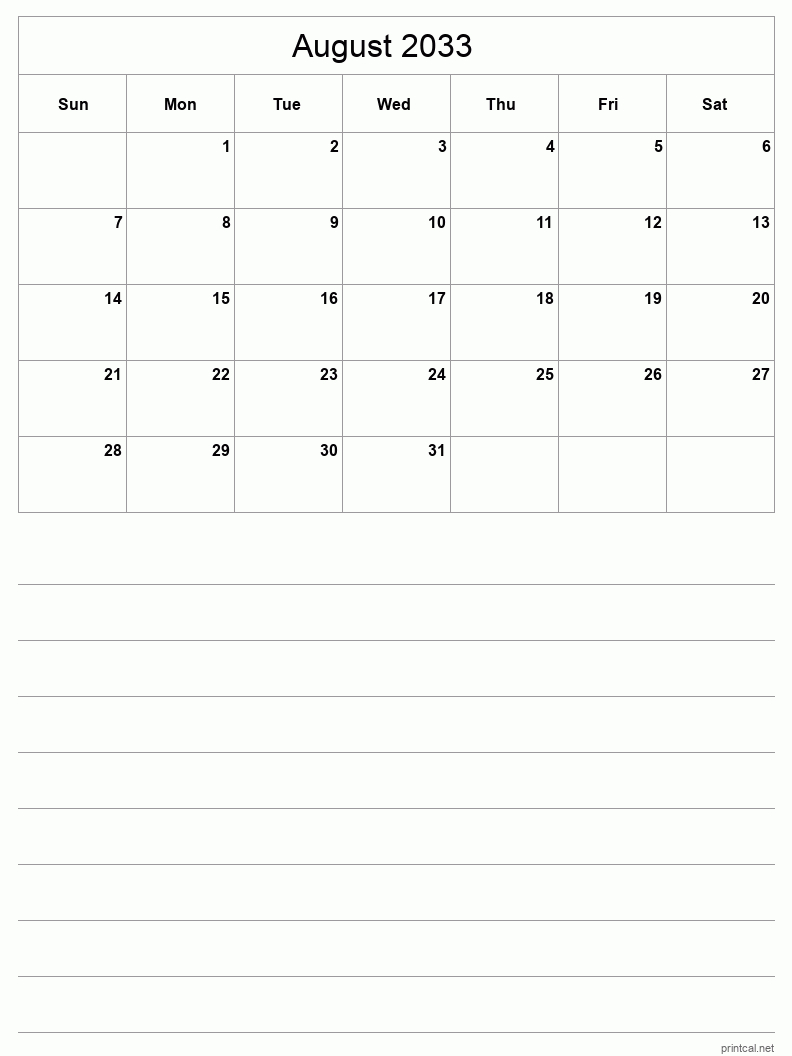 Printable August 2033 Calendar - Half-Page With Notesheet in August 2033 Calendar