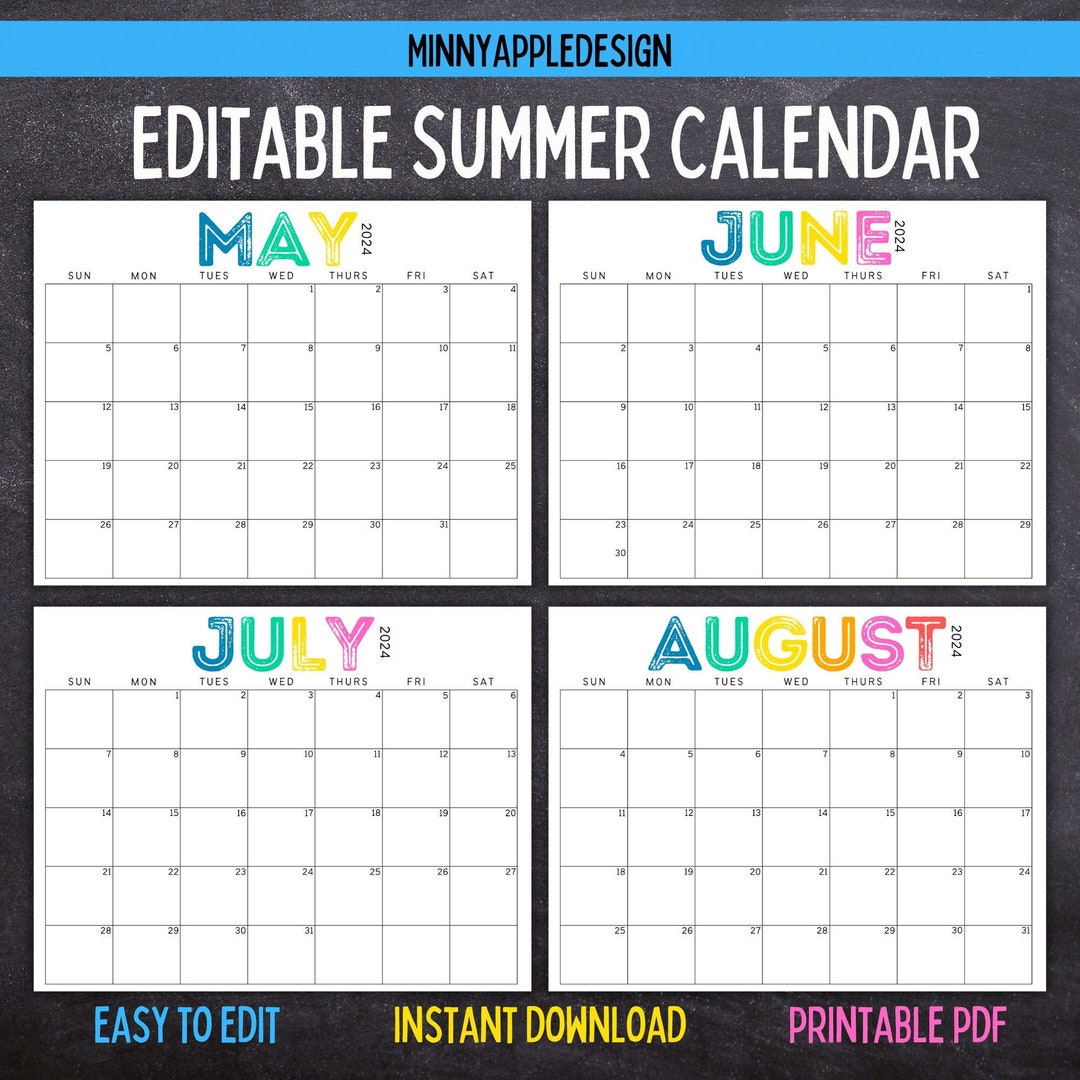 Printable Editable Summer Calendar June, July, August Calendar | June 2024 | July 2024 | August 2024 | Summer Planner pertaining to June July August 2024 Calendar Editable