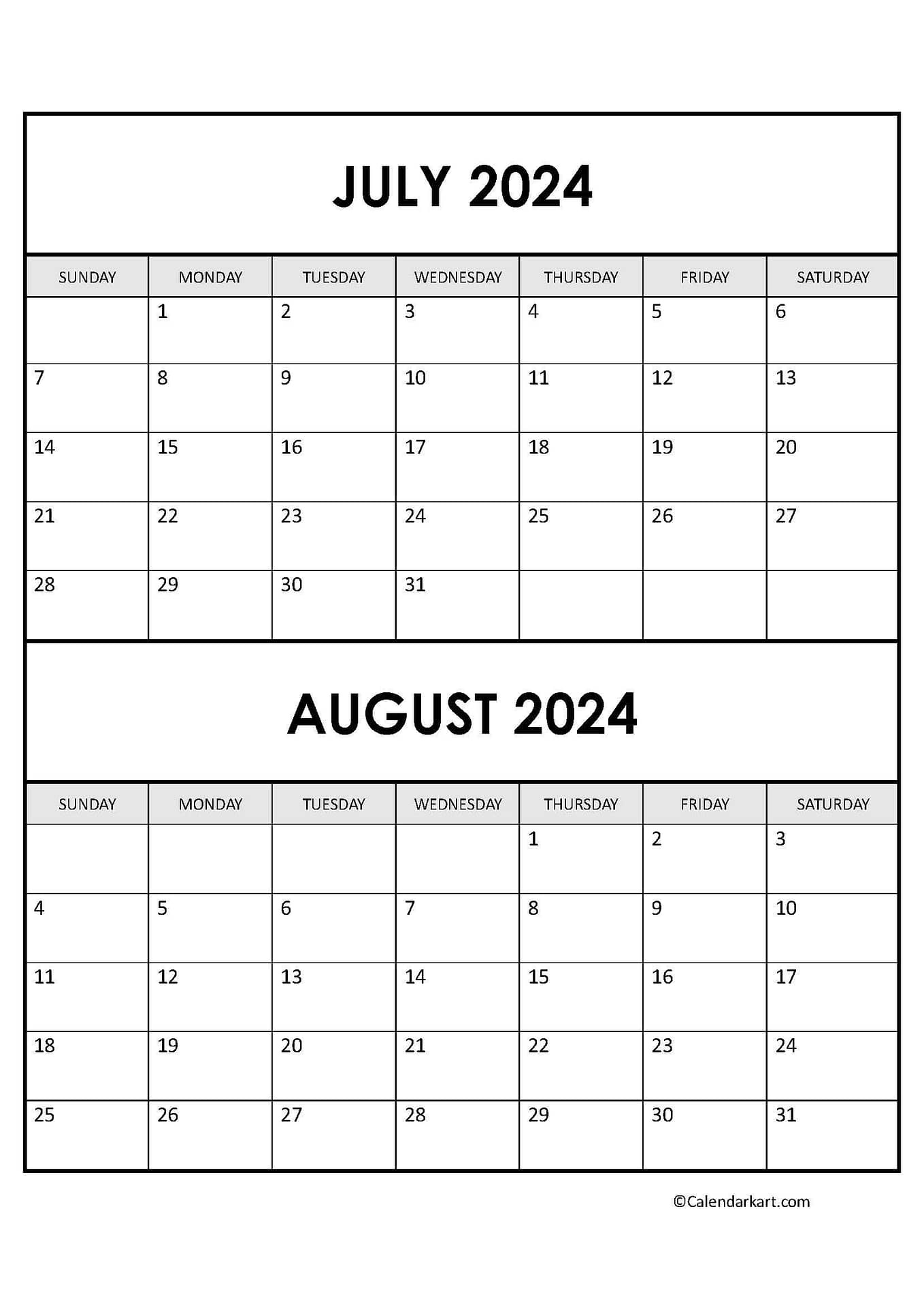 Printable July August 2024 Calendar | Calendarkart inside Printable Calendar July August 2024