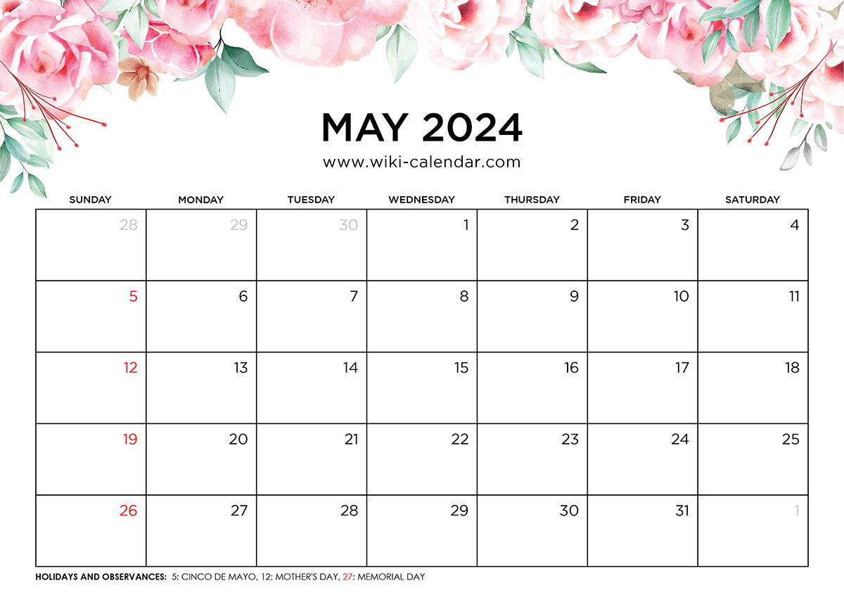 Printable May 2024 Calendar Templates With Holidays for Free Printable Calendar 2024 May And June