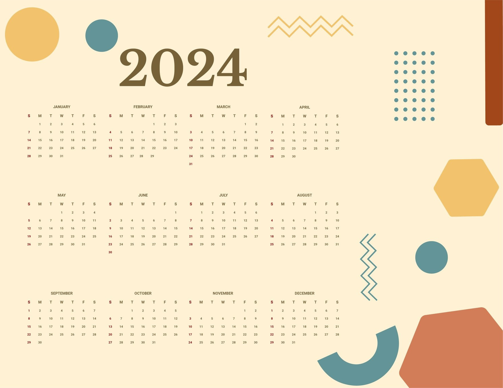 Printable Year 2024 Calendar In Google Docs, Eps, Illustrator, Jpg intended for Free Printable And Writable Calendar 2024