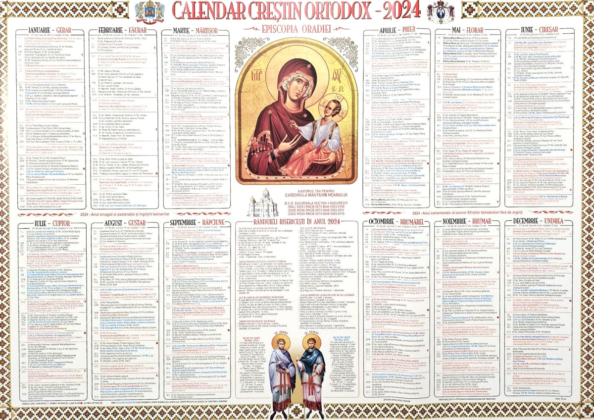 Rumänisch Orthodoxer Wandkalender 2024, Perete Calendar Wrest Römisch-Orthodox with Calendar Ortodox August 2024