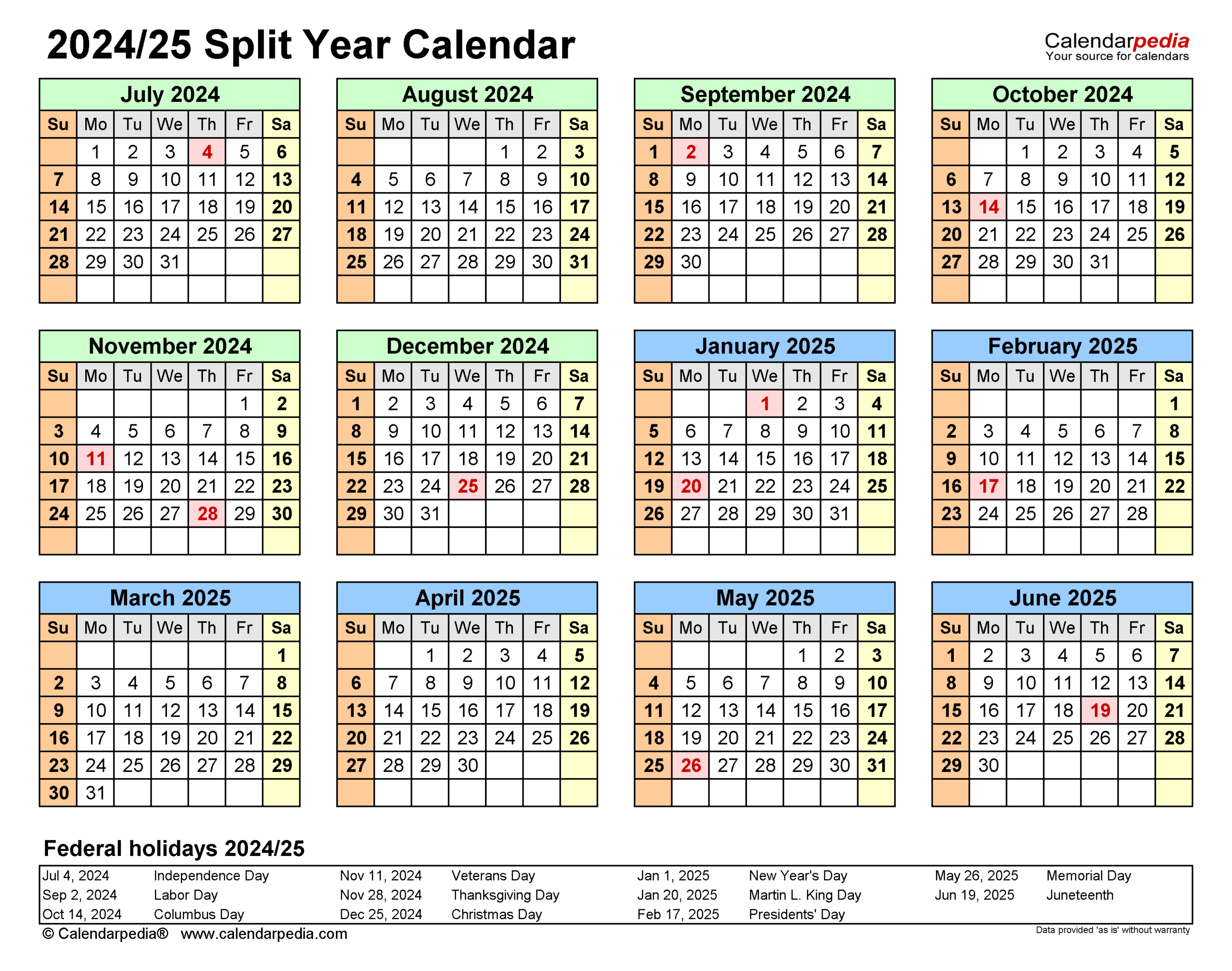 Split Year Calendars 2024/2025 (July To June) - Excel Templates pertaining to August 2024 - June 2025 Calendar Printable