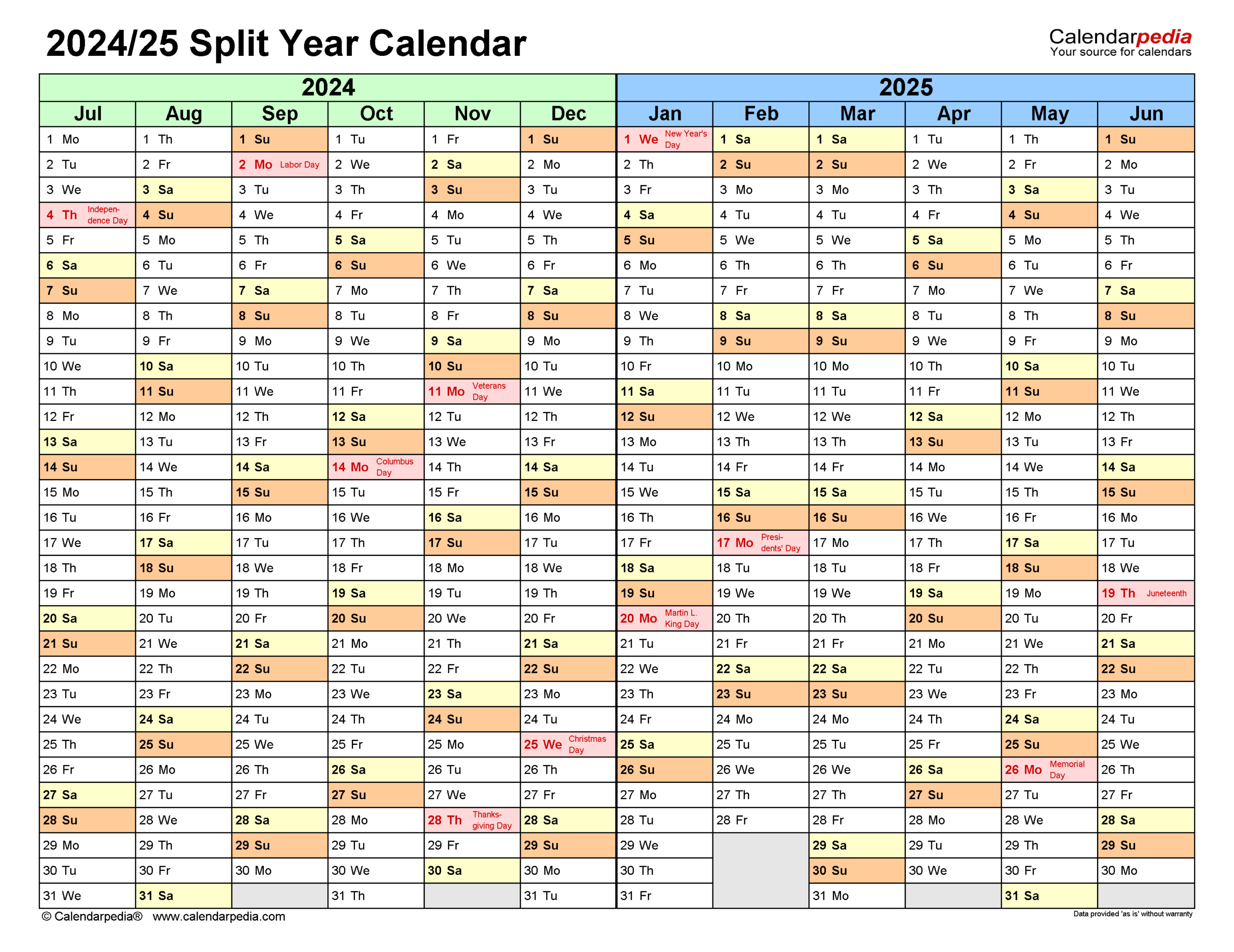 Split Year Calendars 2024/2025 (July To June) - Pdf Templates for Printable Monthly Calendar August 2024-June 2025