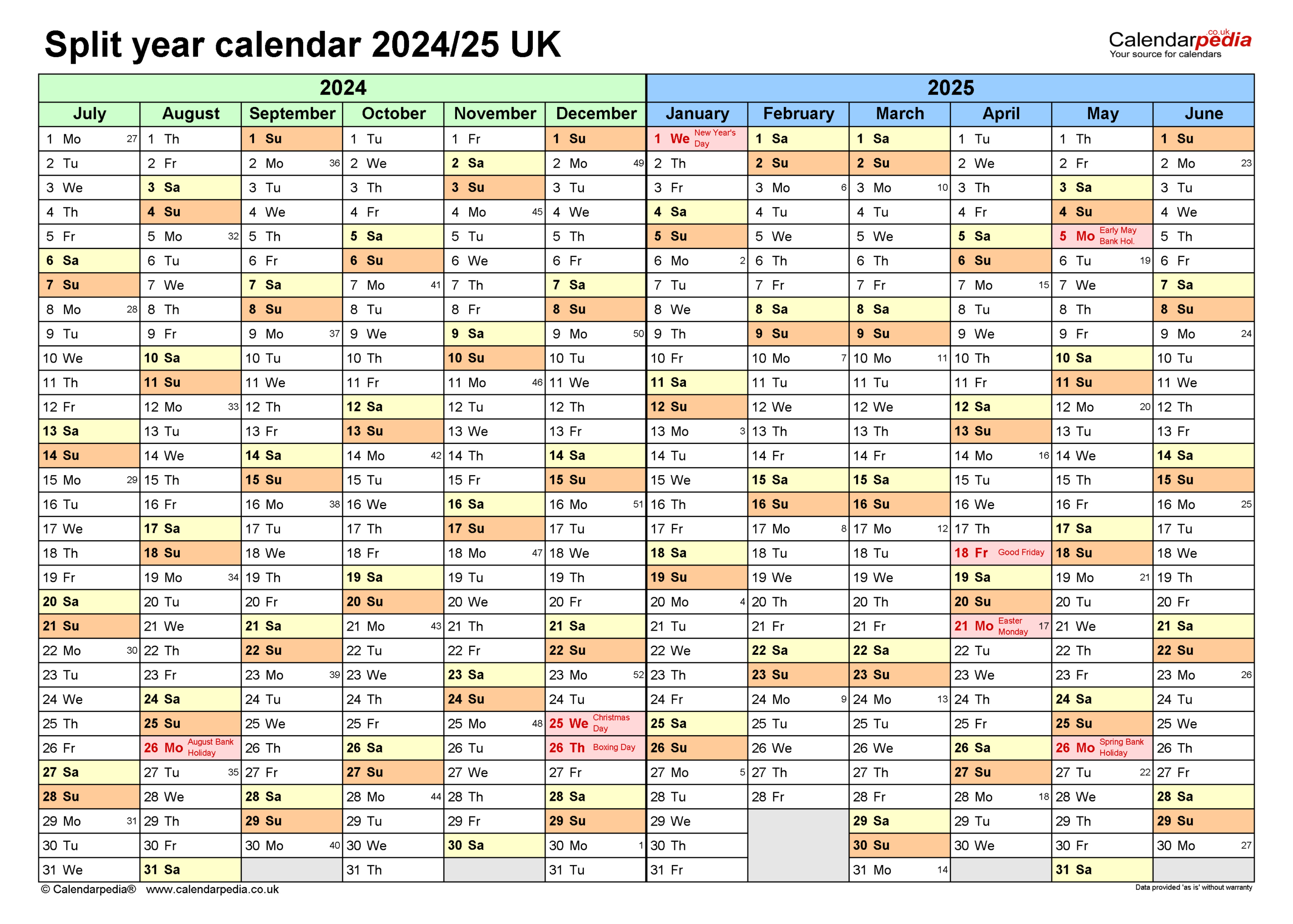 Split Year Calendars 2024/25 Uk (July To June) For Pdf inside Printable Calendar September 2024 To August 2025