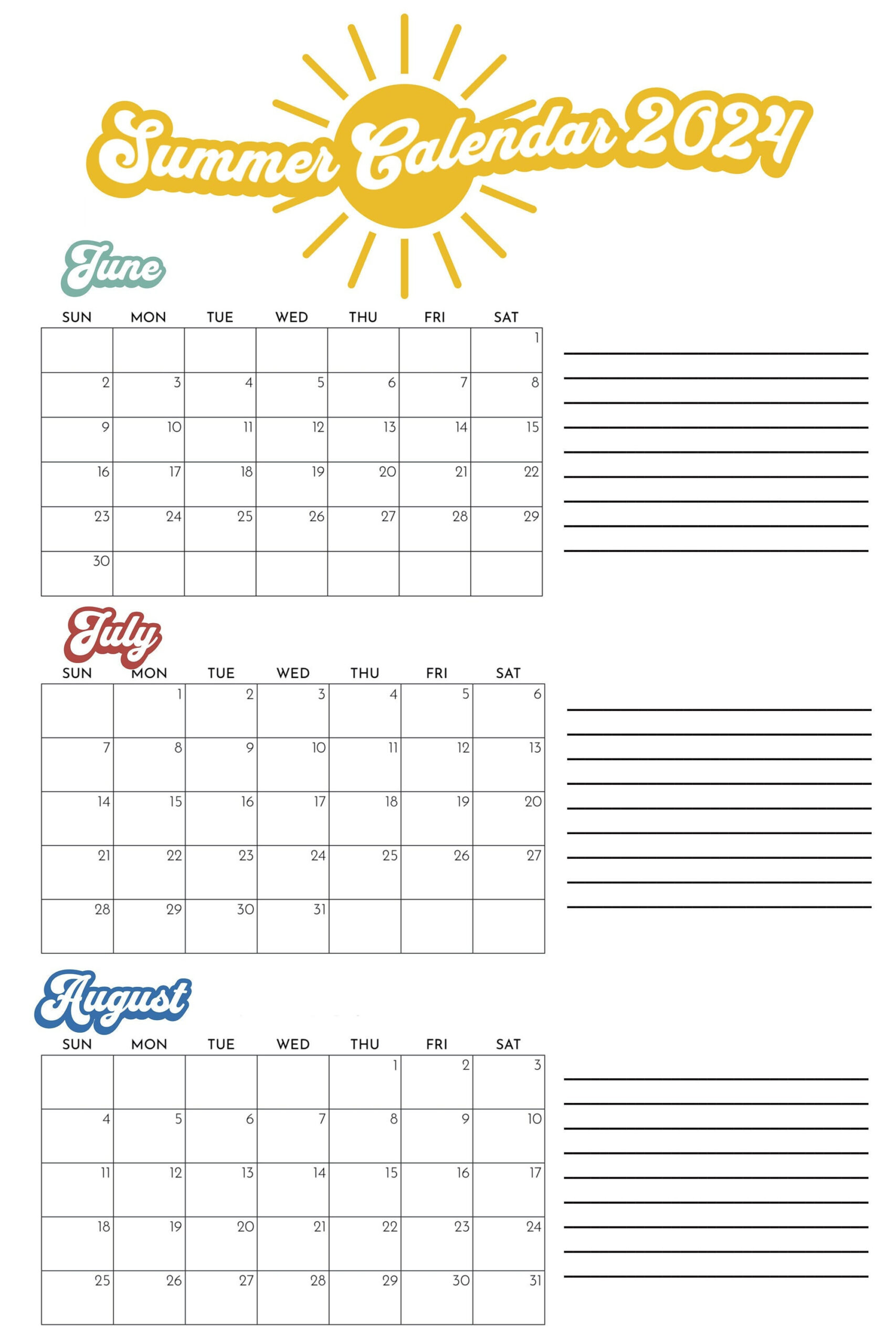 Summer 2024 Poster Calendar 3 Month June July August Kids Fun throughout Printable 3 Month Calendar 2024 June July August