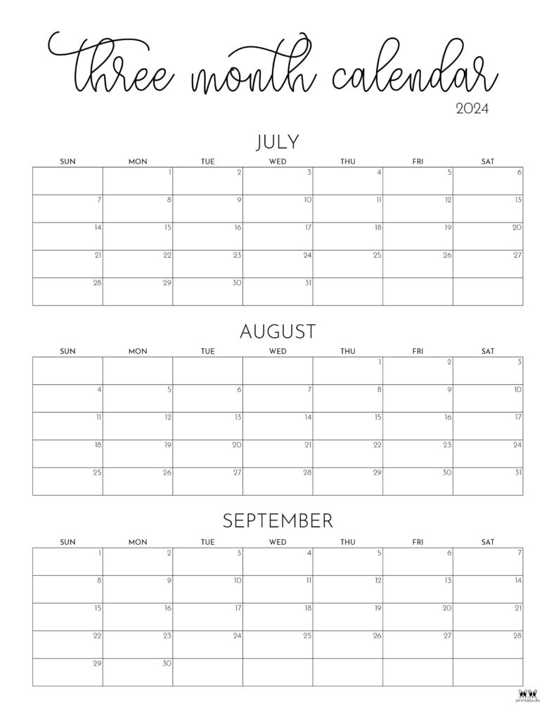 Three Month/Quarterly Calendars - 36 Free Calendars | Printabulls pertaining to June-July-August Calendar 2024