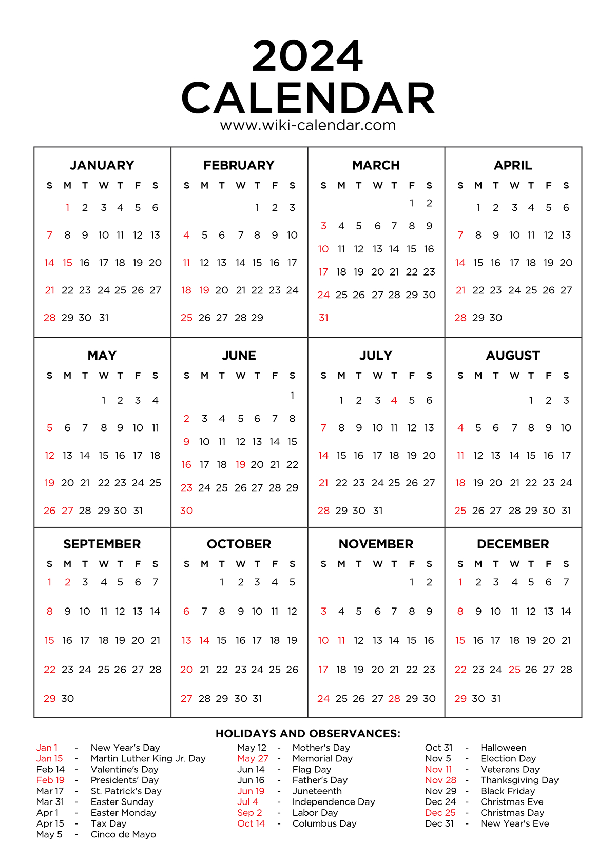 Year 2024 Calendar Printable With Holidays - Wiki Calendar with Free Printable Calendar 2024 With Holidays