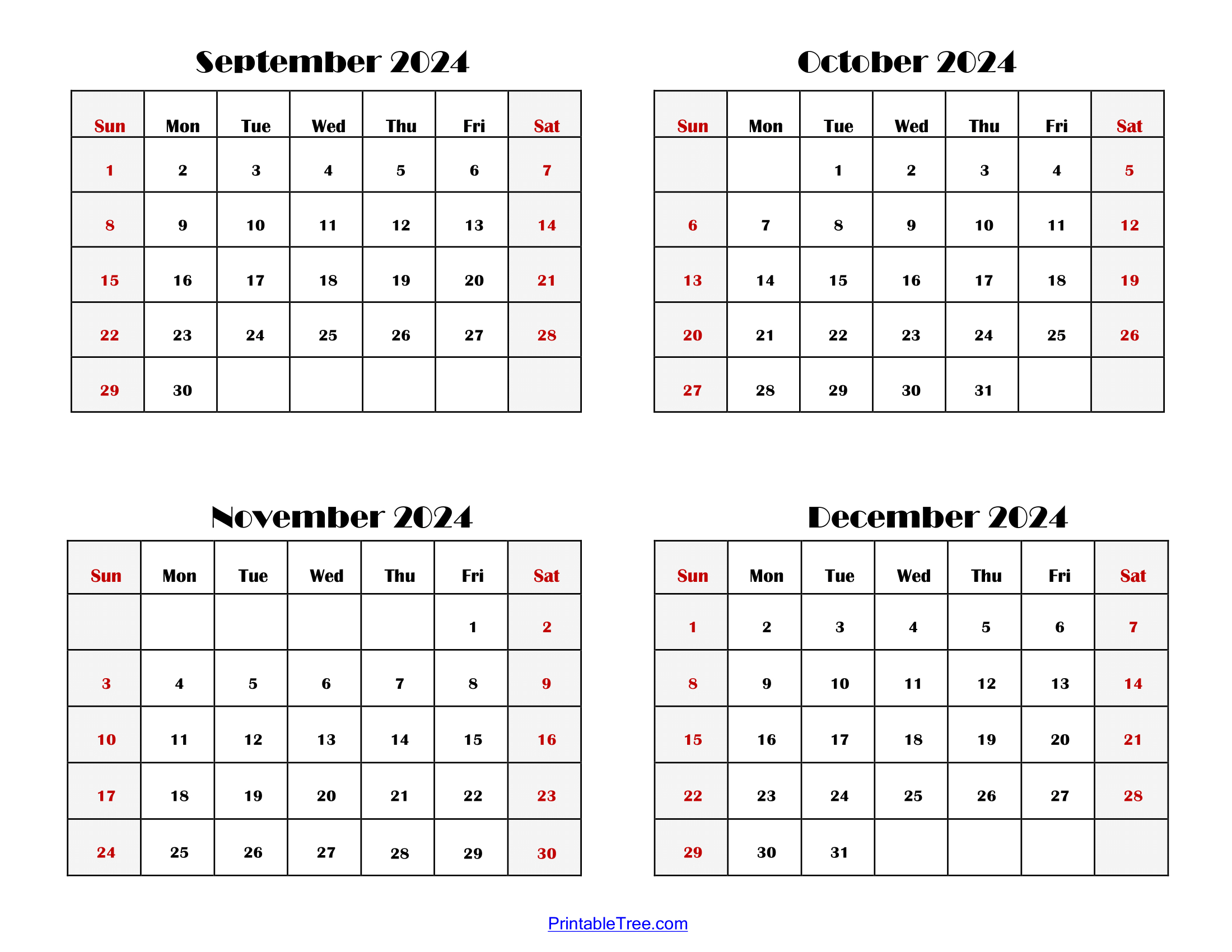 2024 Four Month Calendars Printable Pdf- 4 Months Calendar One Page in September To December 2024 Calendar