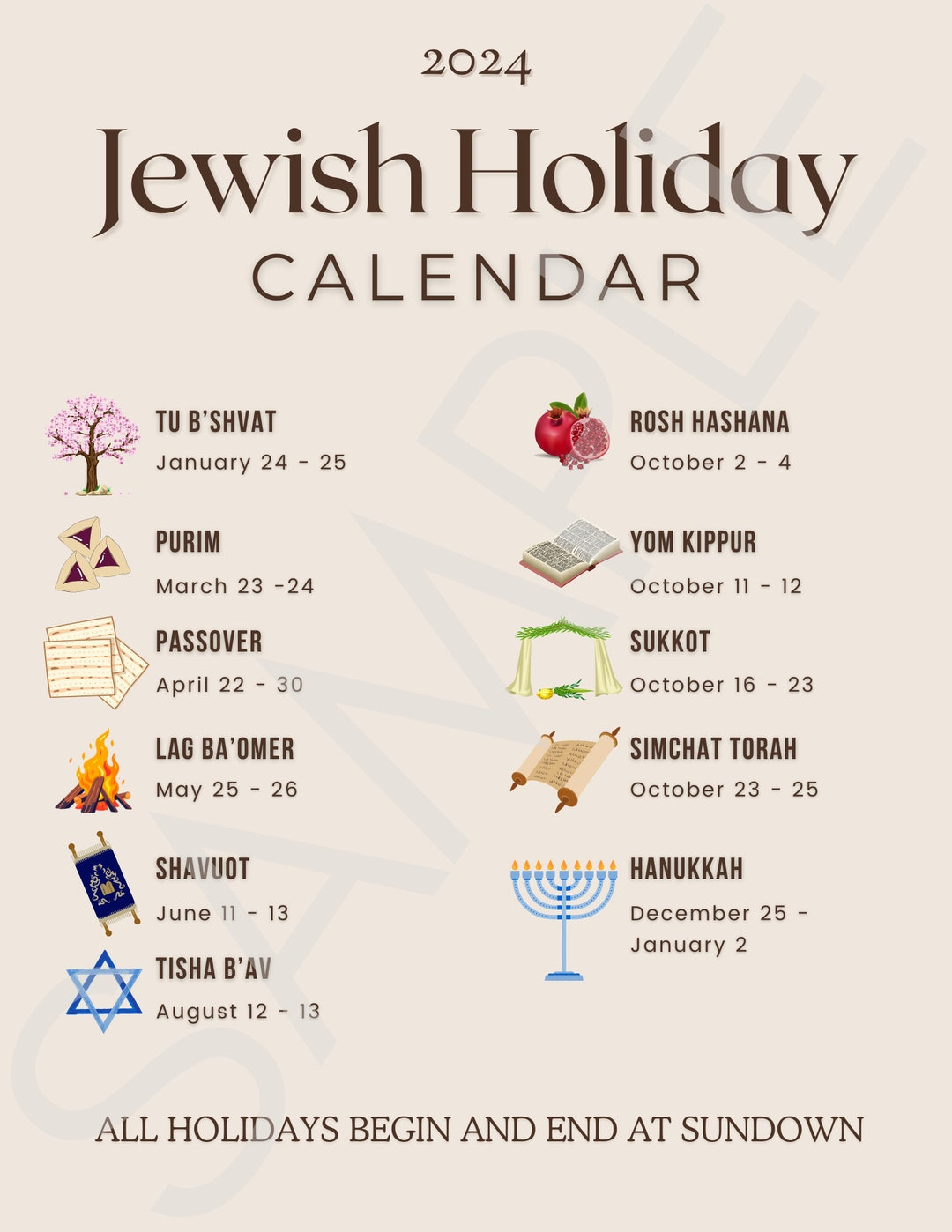 2024 Jewish Holiday Calendar - Etsy throughout September 2024 Calendar With Jewish Holidays Printable