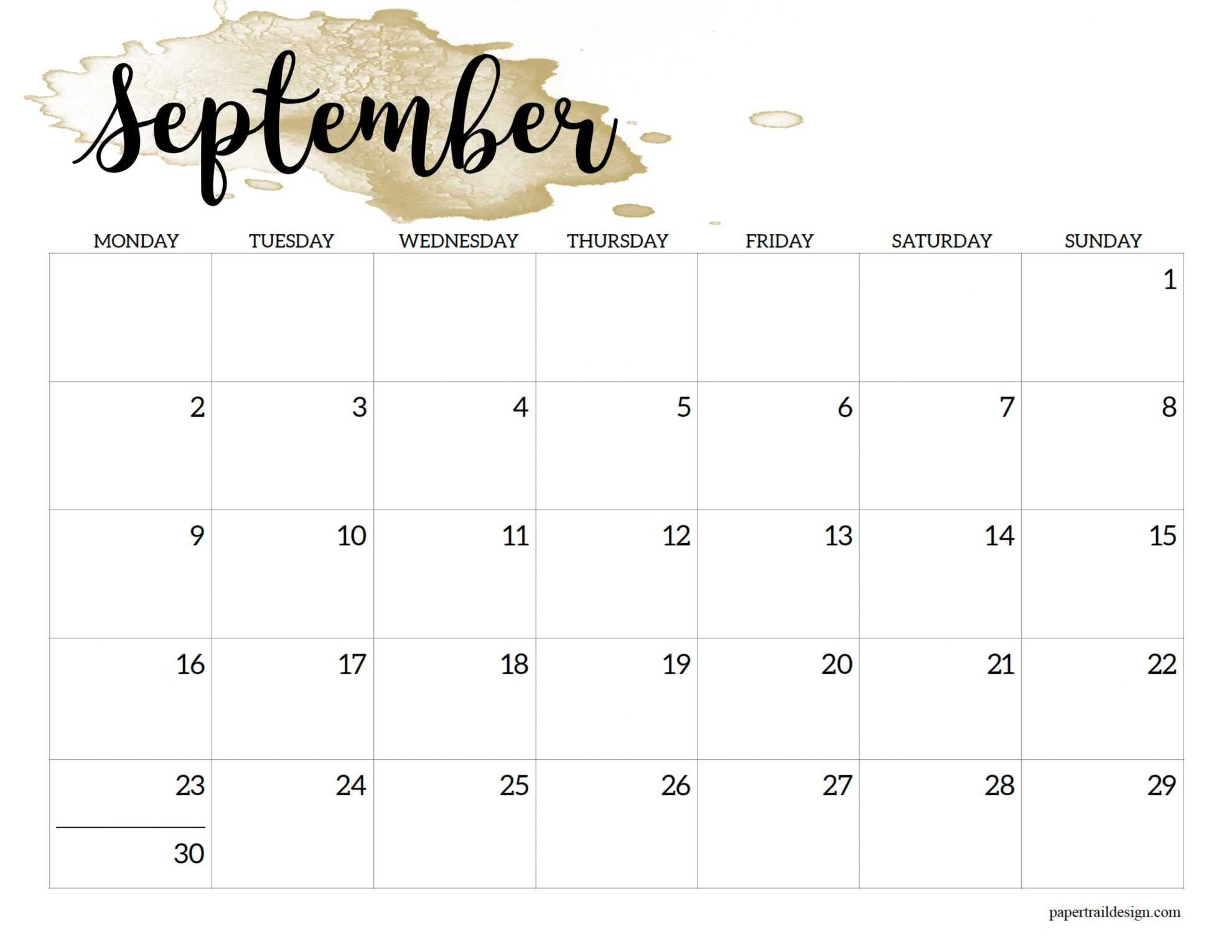 2024 Monday Start Calendar Printable - Watercolor - Paper Trail Design regarding September 2024 Calendar Monday Start