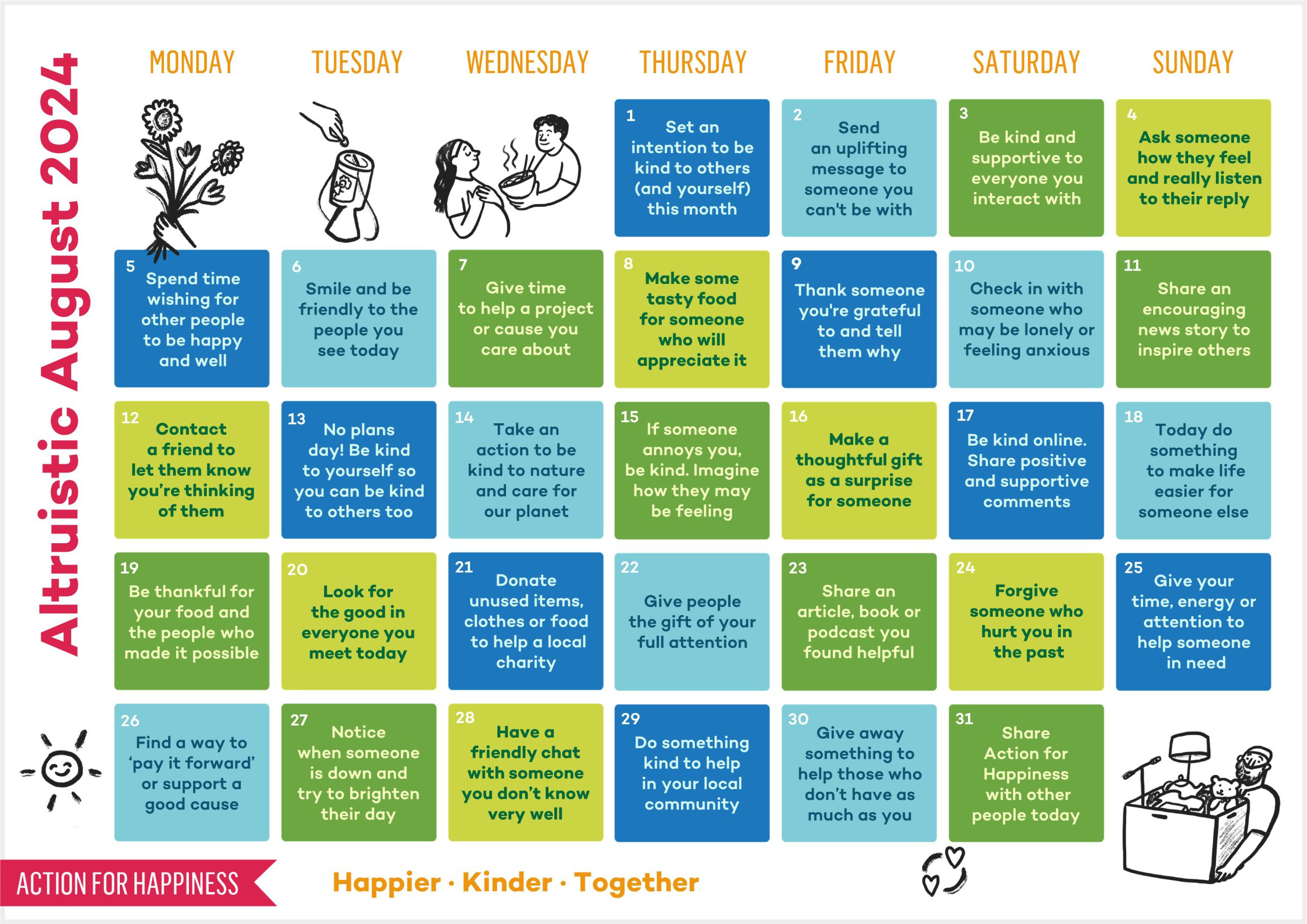 Altruistic August 2024- Action For Happiness Calendar | B Well Belfast in Action For Happiness Calendar September 2024