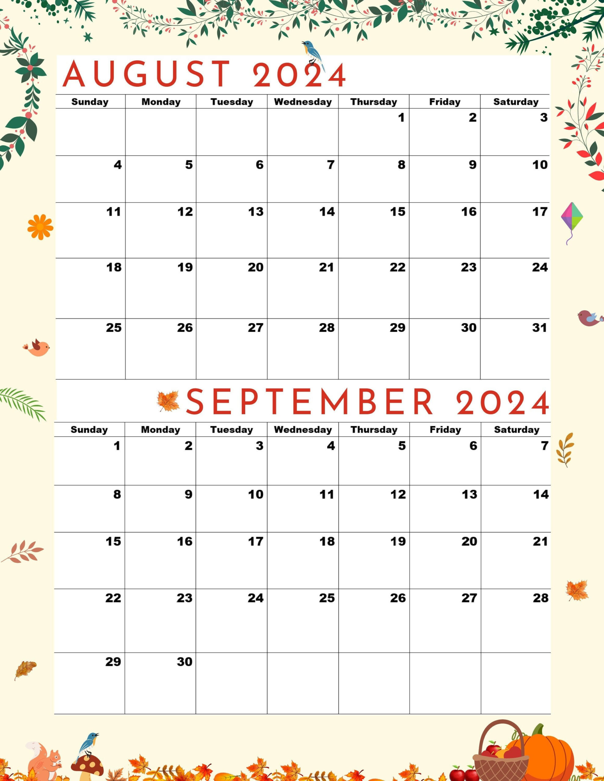 August 2024 Calendar,September 2024 Calendar,2024 Calendar within 2024 Calendar August September