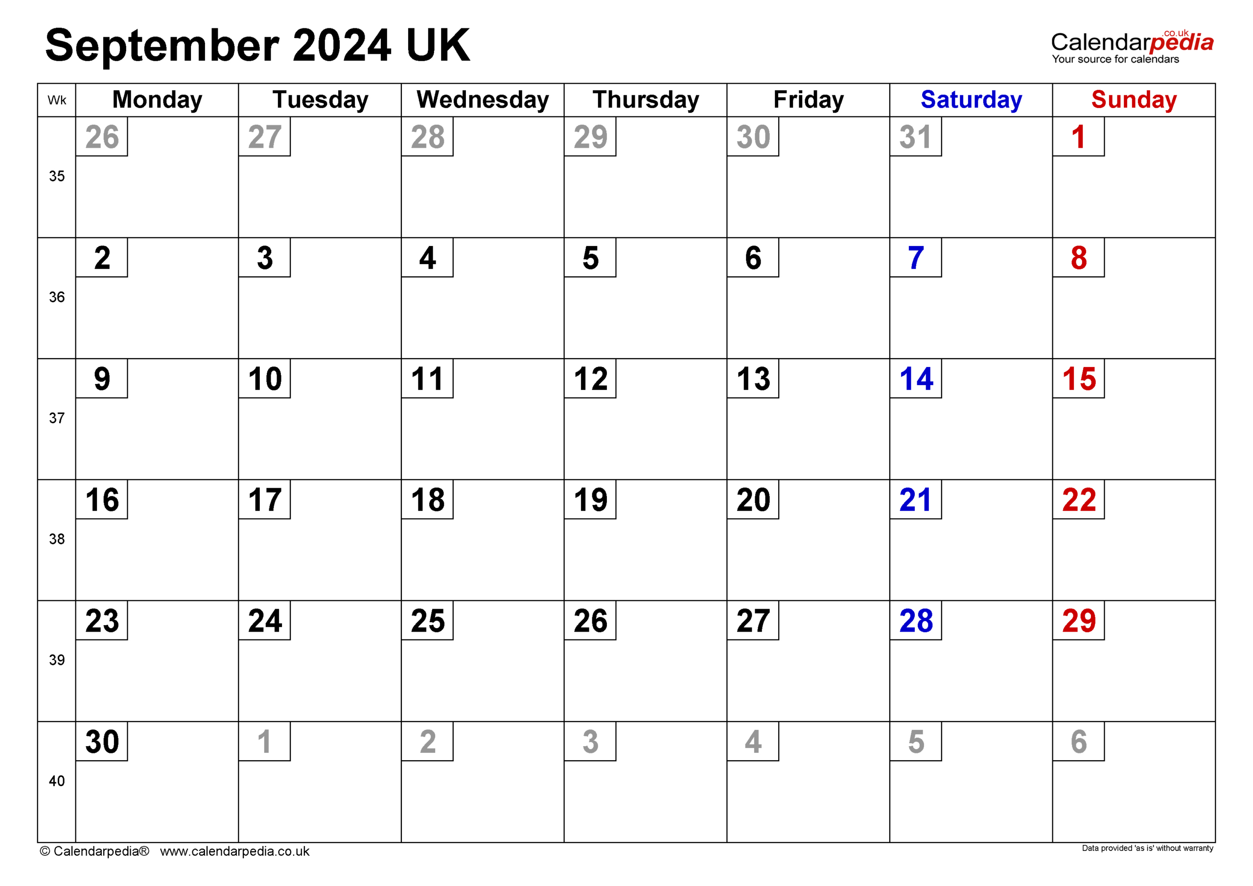 Calendar September 2024 Uk With Excel, Word And Pdf Templates in Printable Calendar September 2024 Uk