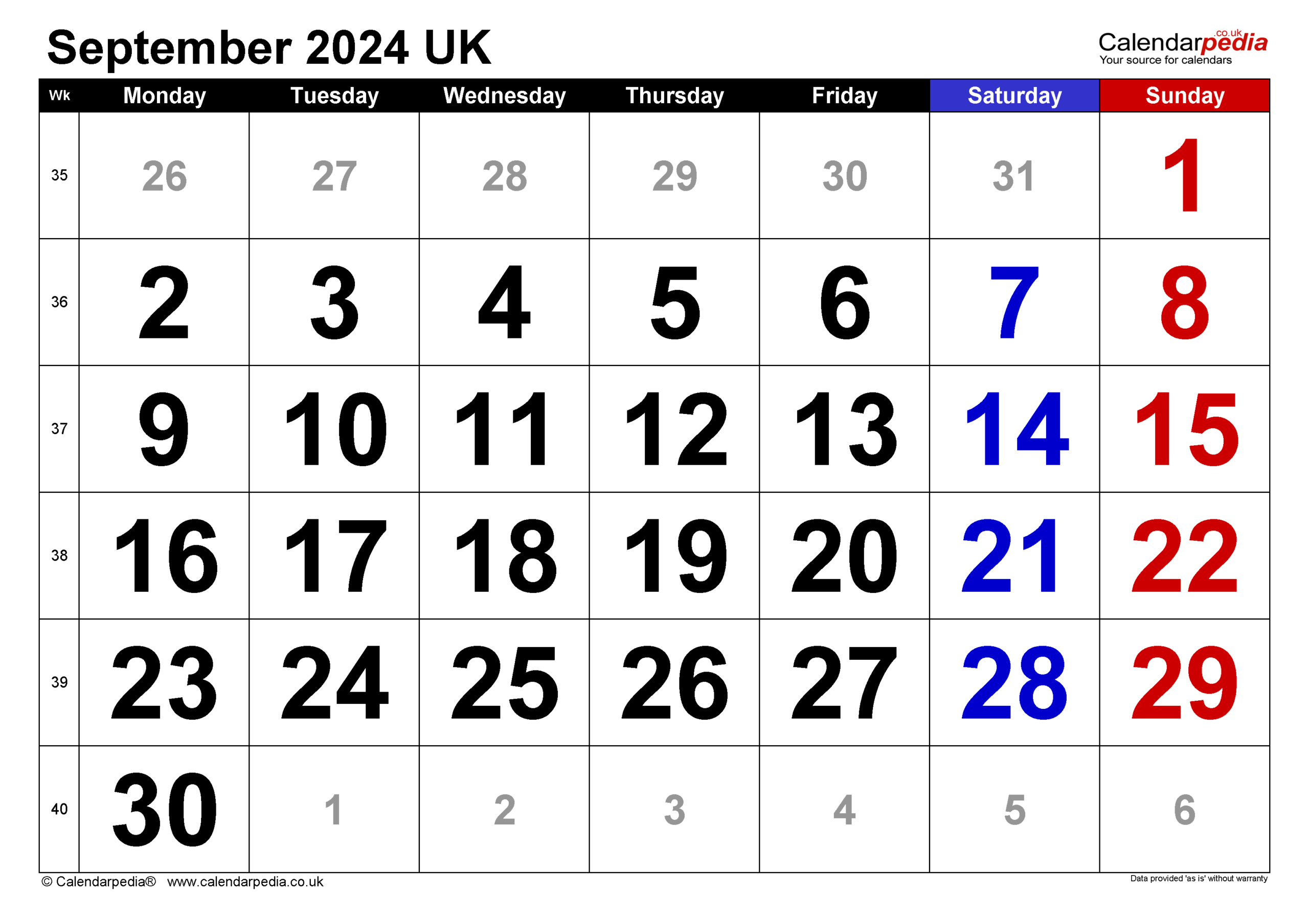 Calendar September 2024 Uk With Excel, Word And Pdf Templates inside Printable Calendar September 2024 Uk