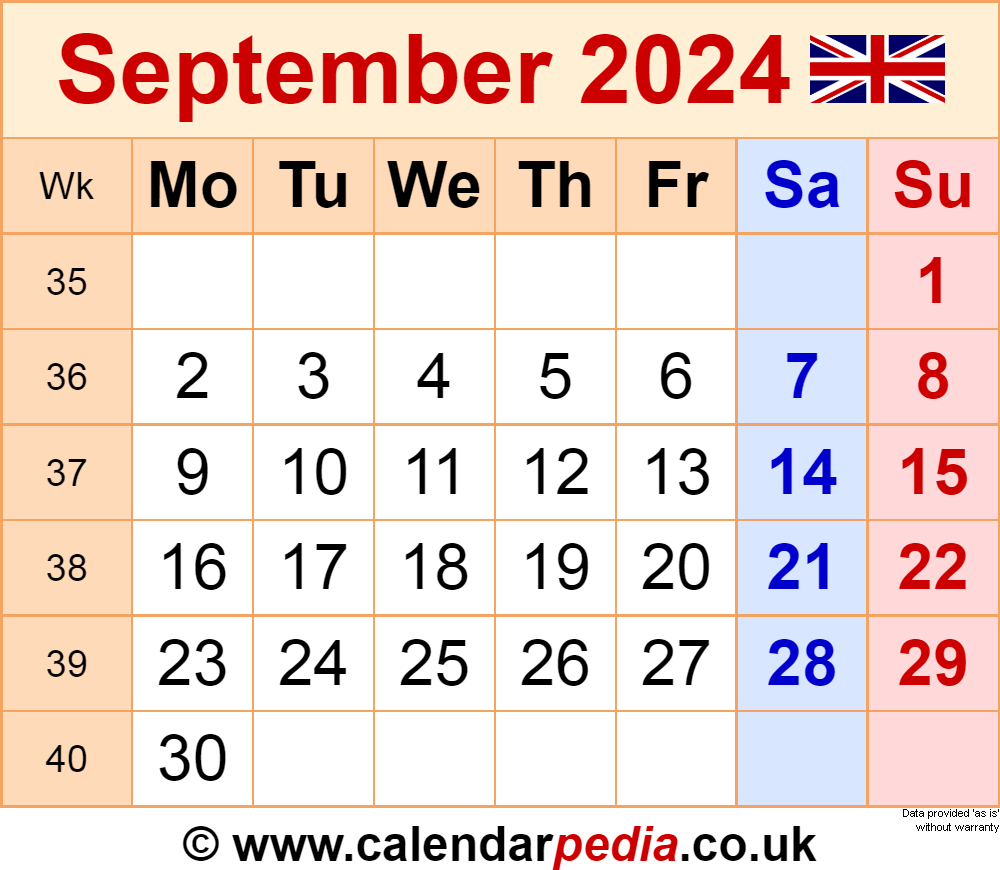 Calendar September 2024 Uk With Excel, Word And Pdf Templates intended for Calendar For September 24