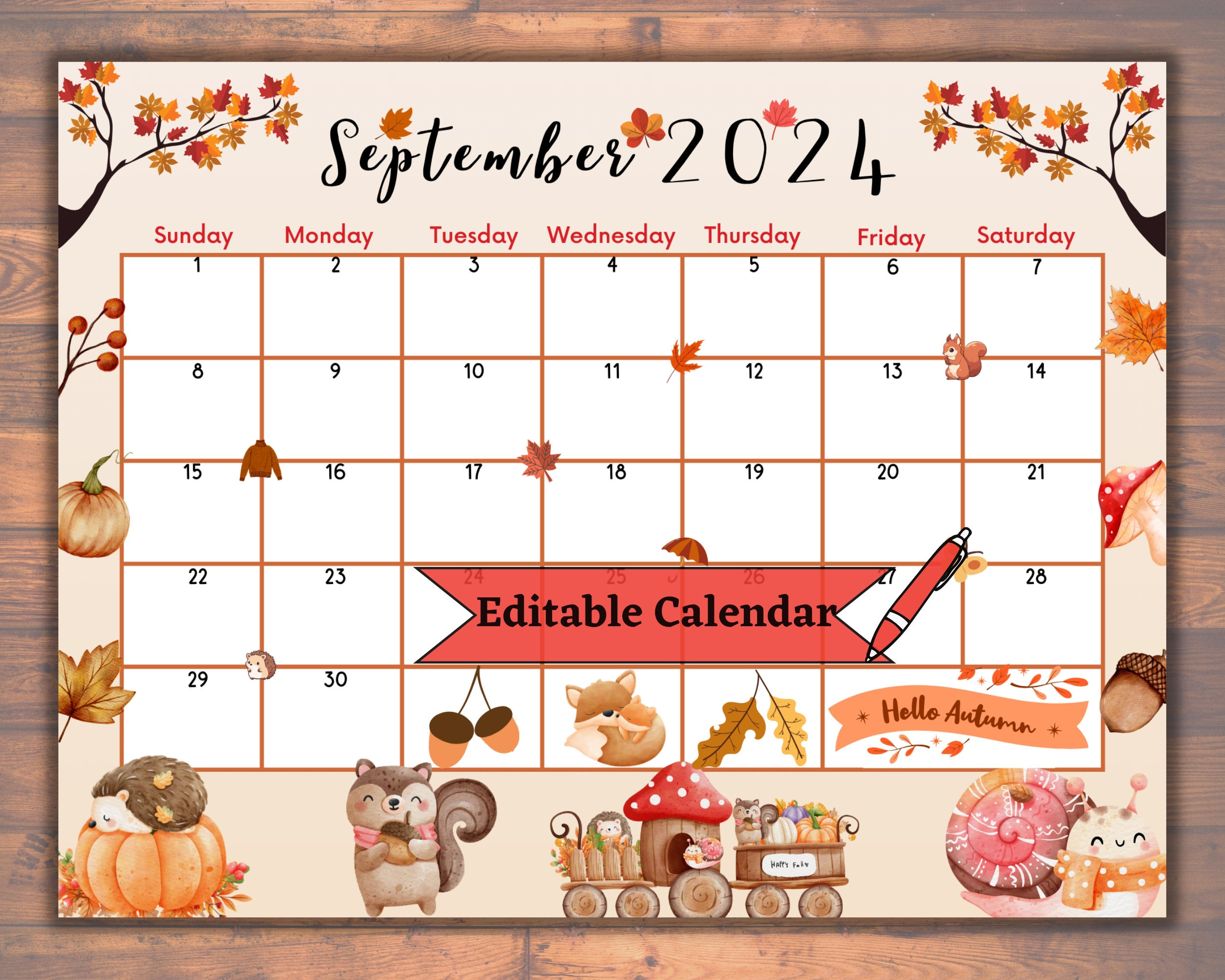 Editable Fillable September 2024 Calendar For Autumn, Fall, Back for September 2024 Calendar Fall