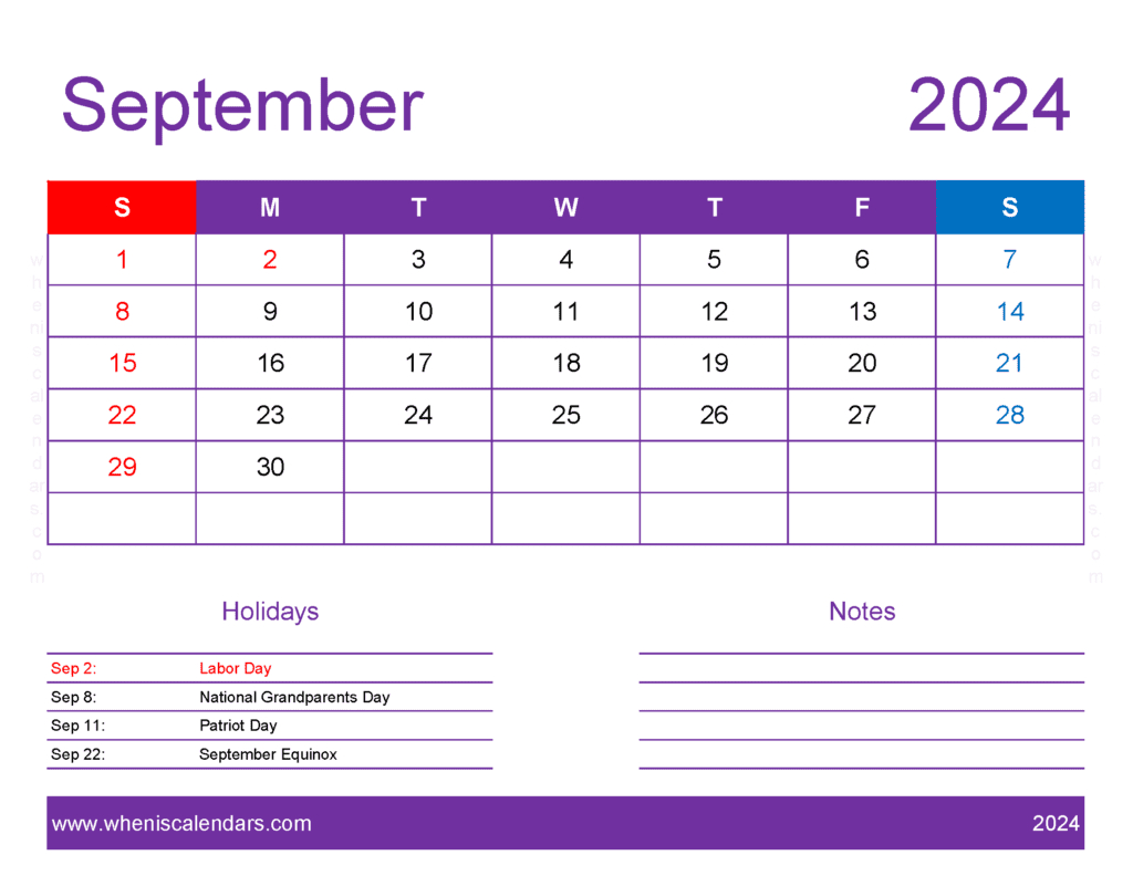 Free Printable 2024 Monthly Calendar With Holidays in September Waterproof Calendar 2024