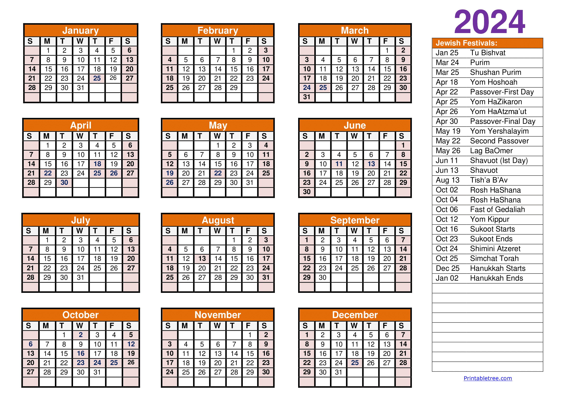 Jewish Calendar 2024, 2025 Pdf Templates With Jewish Holidays Lists for September 2024 Hebrew Calendar