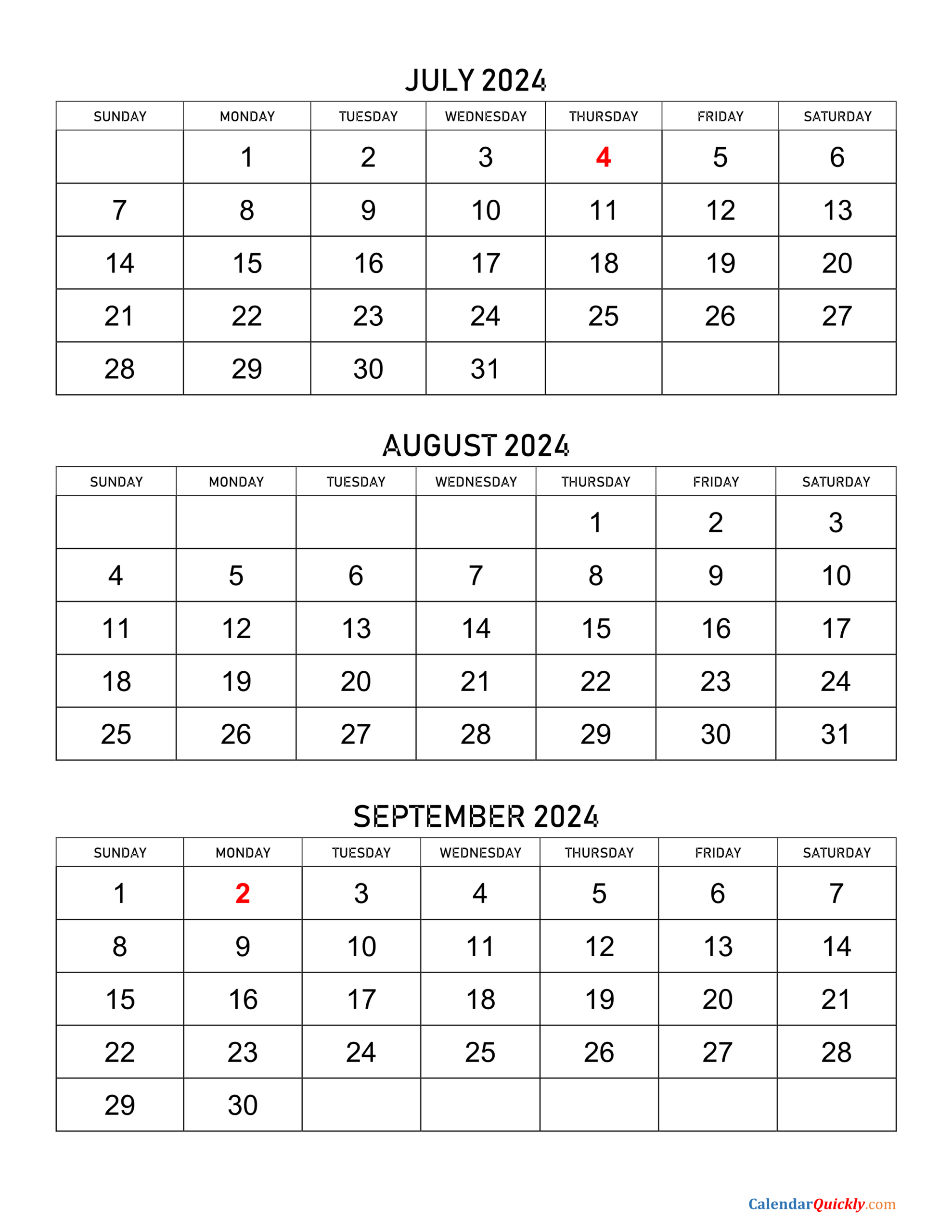 July To September 2024 Calendar | Calendar Quickly throughout 3 Month Vertical Calendar July-September 2024