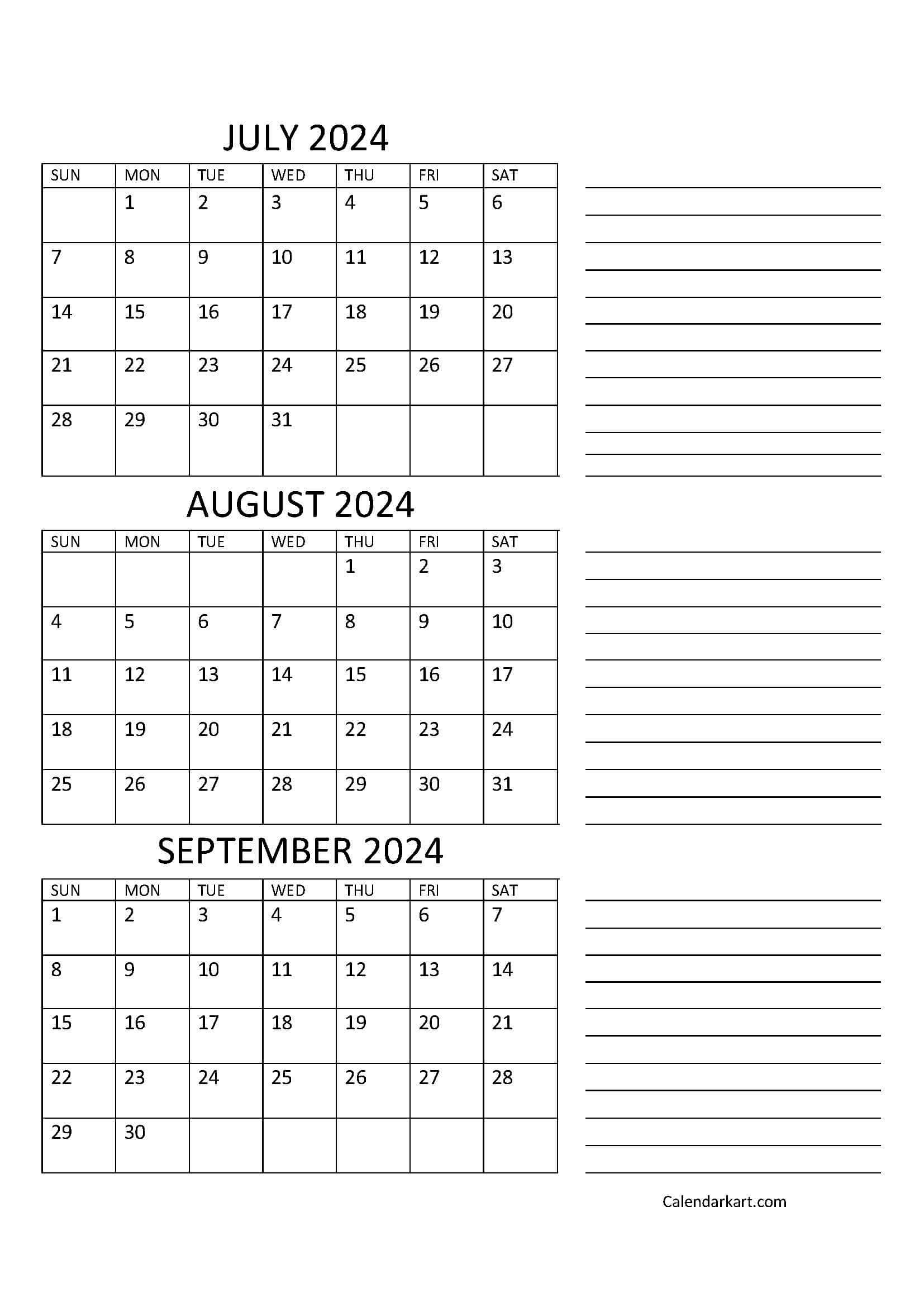 June July August September 2024 Calendar Printable Calendar