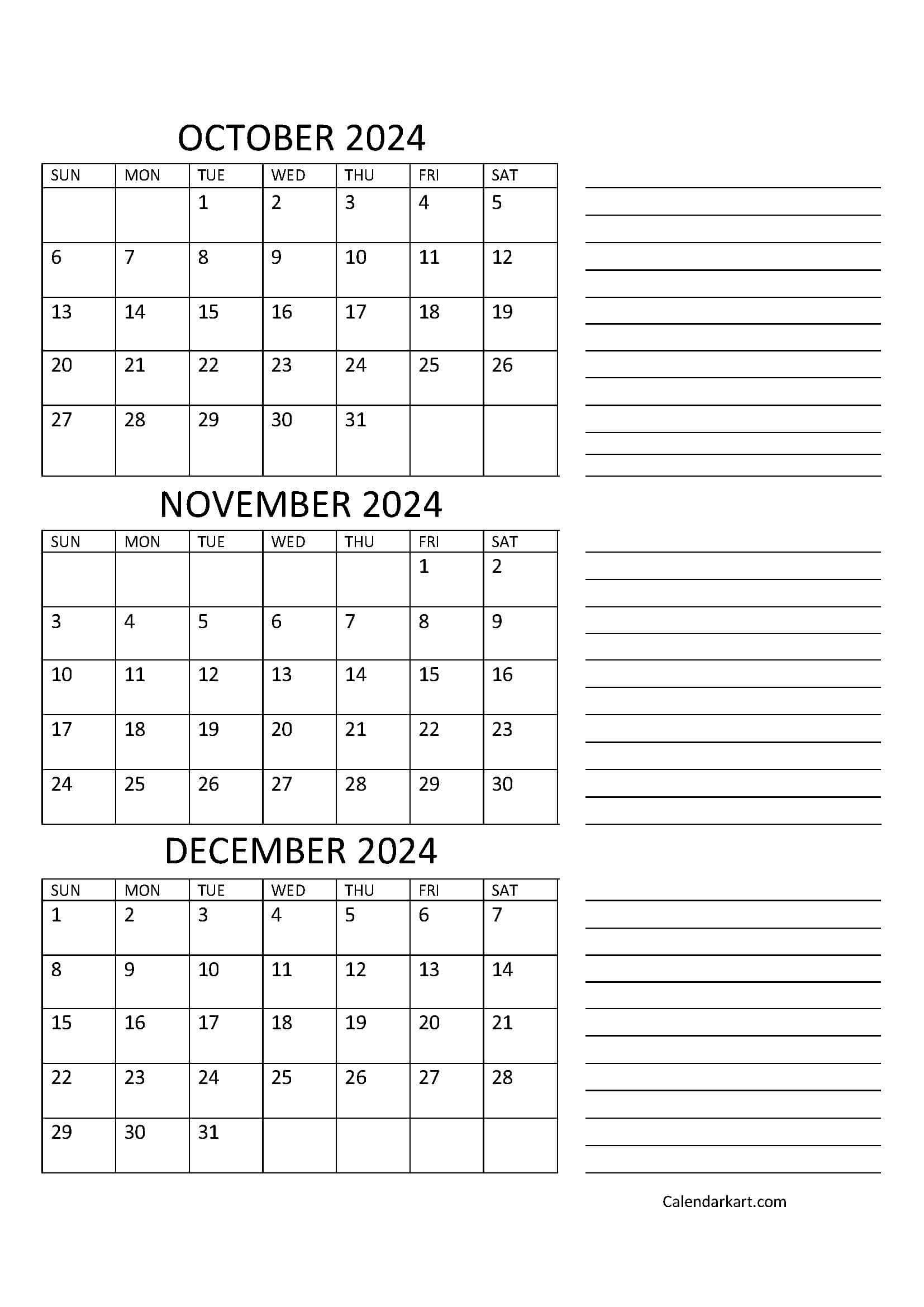 October To December 2024 Calendar (Q4) - Calendarkart with regard to September October And November 2024 Calendar