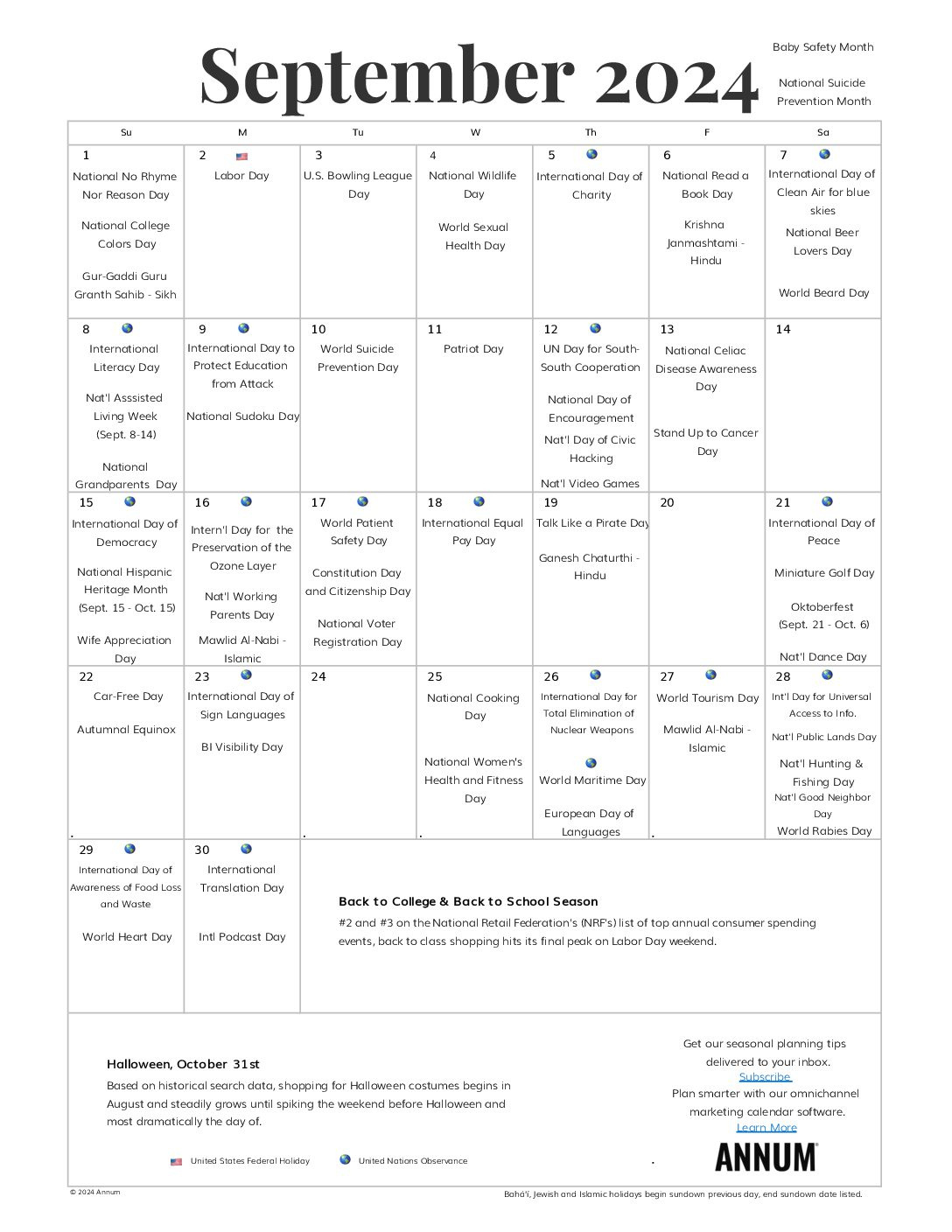 Printable September 2024 Calendar | September Holidays | Annum throughout National Calendar Day September 2024